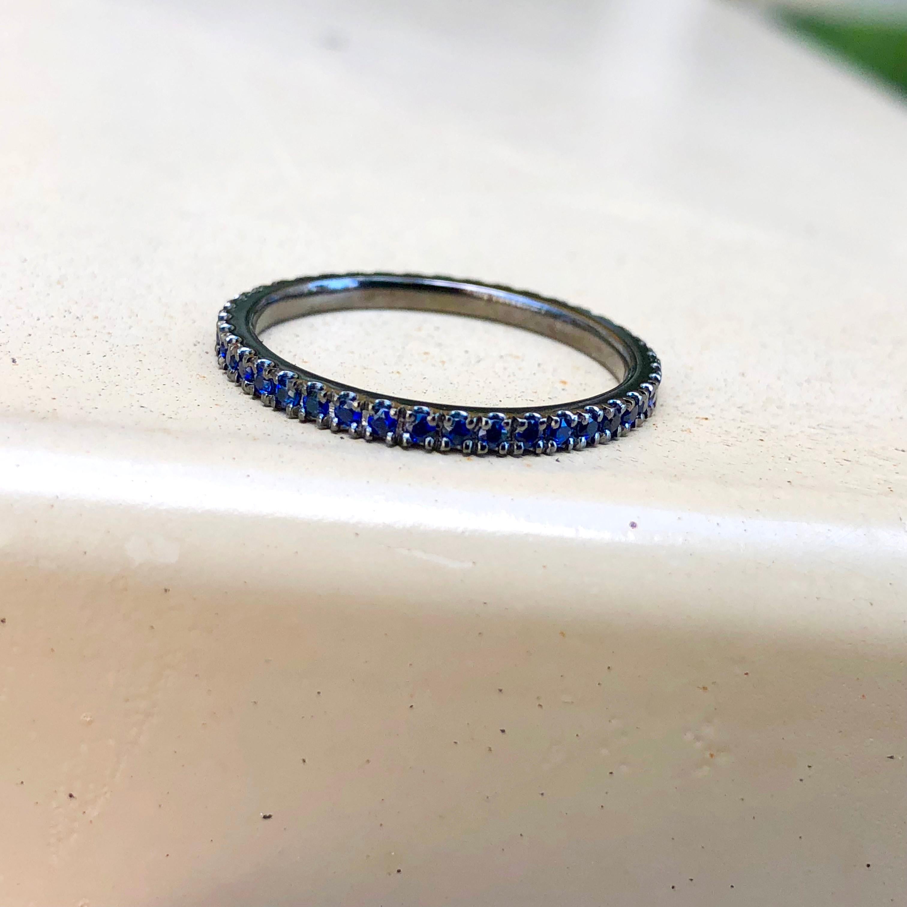 Women's 18k Gold with Black Rhodium Plating Eternity Band with 1.3mm Chatham Sapphire  For Sale