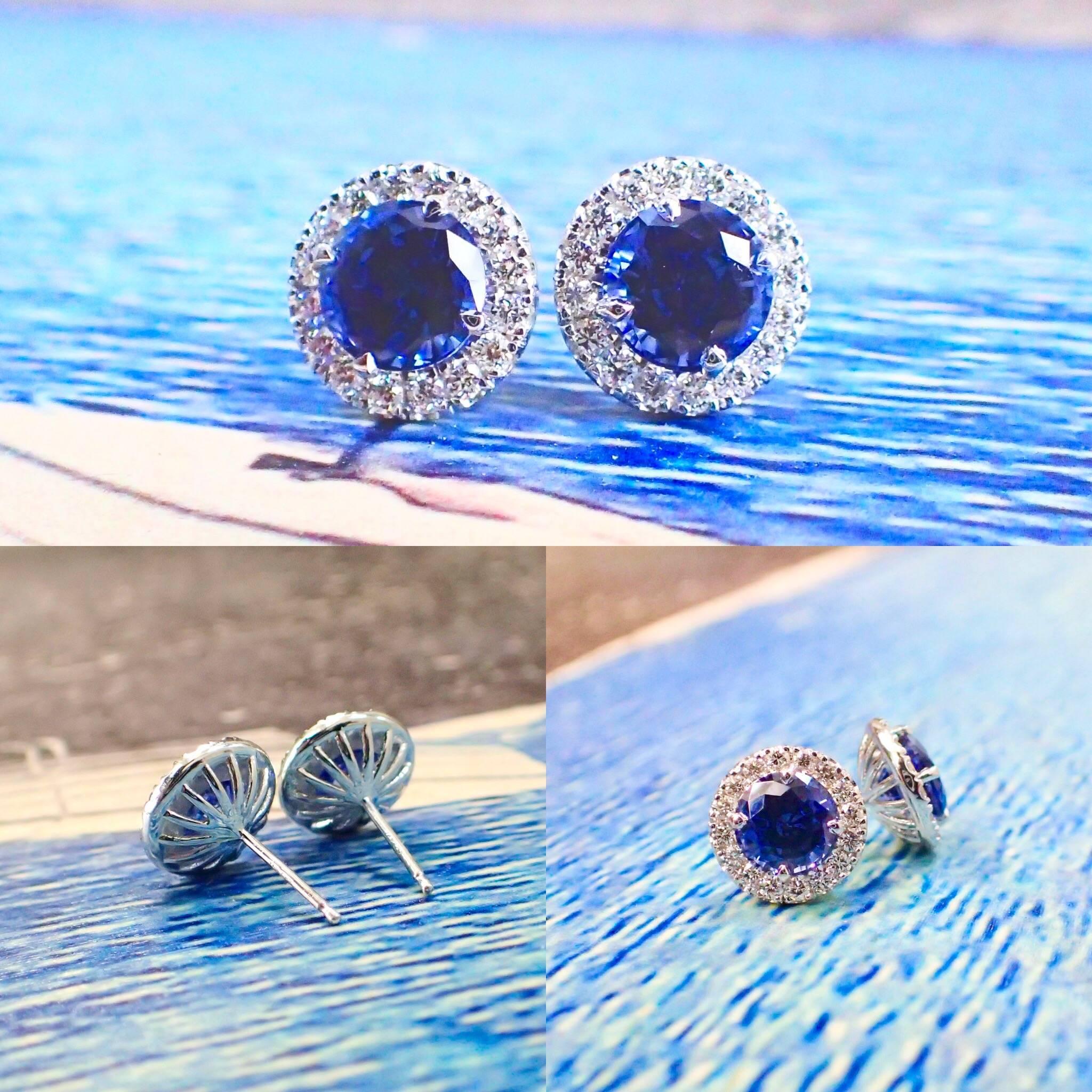 Contemporary White Gold Studs - 2.21 carats Chatham-Created Blue Sapphire 0.39 carats Diamond