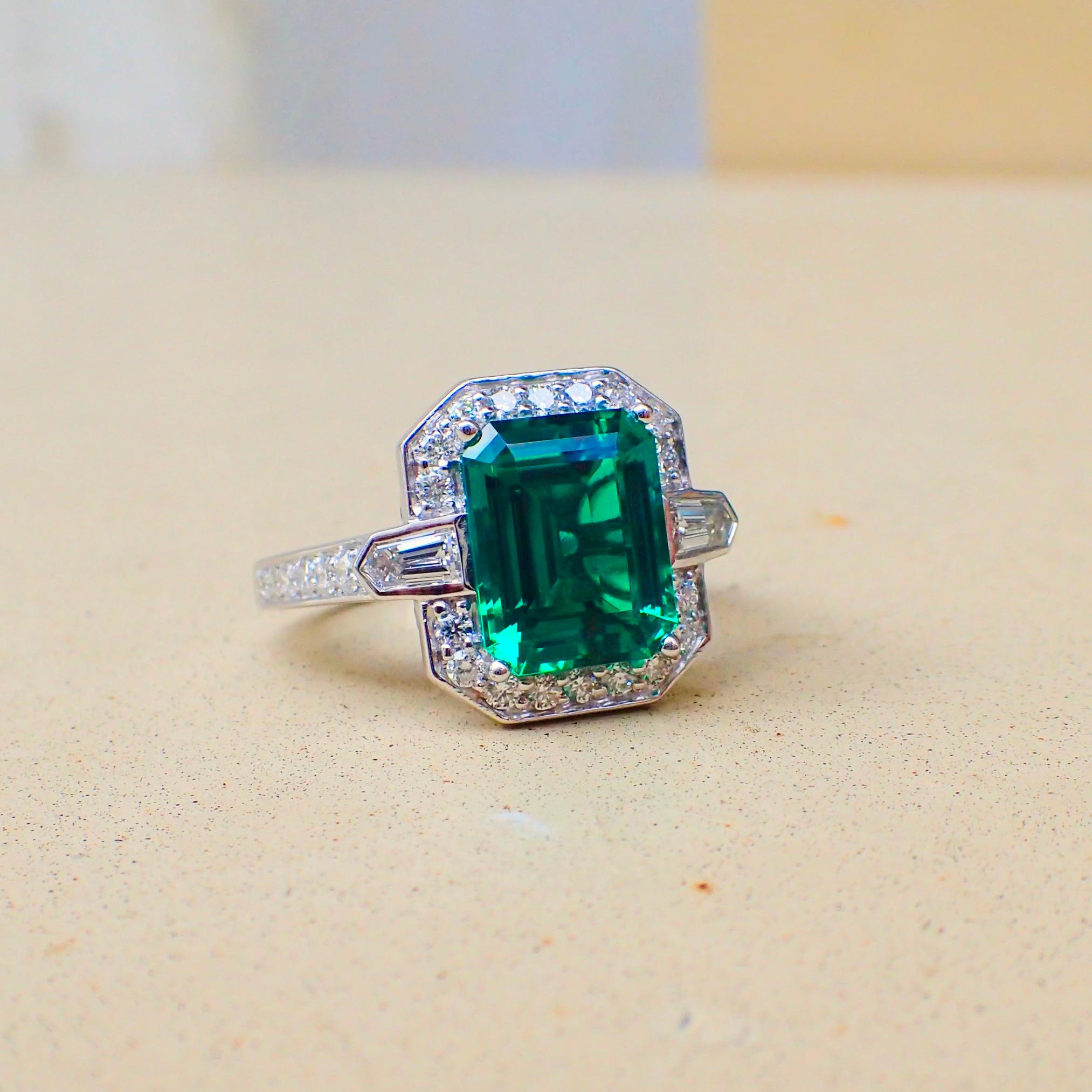 Contemporary 18k White Gold Ring 2.83 carat Chatham-Created Emerald & 0.70 carats of Diamond