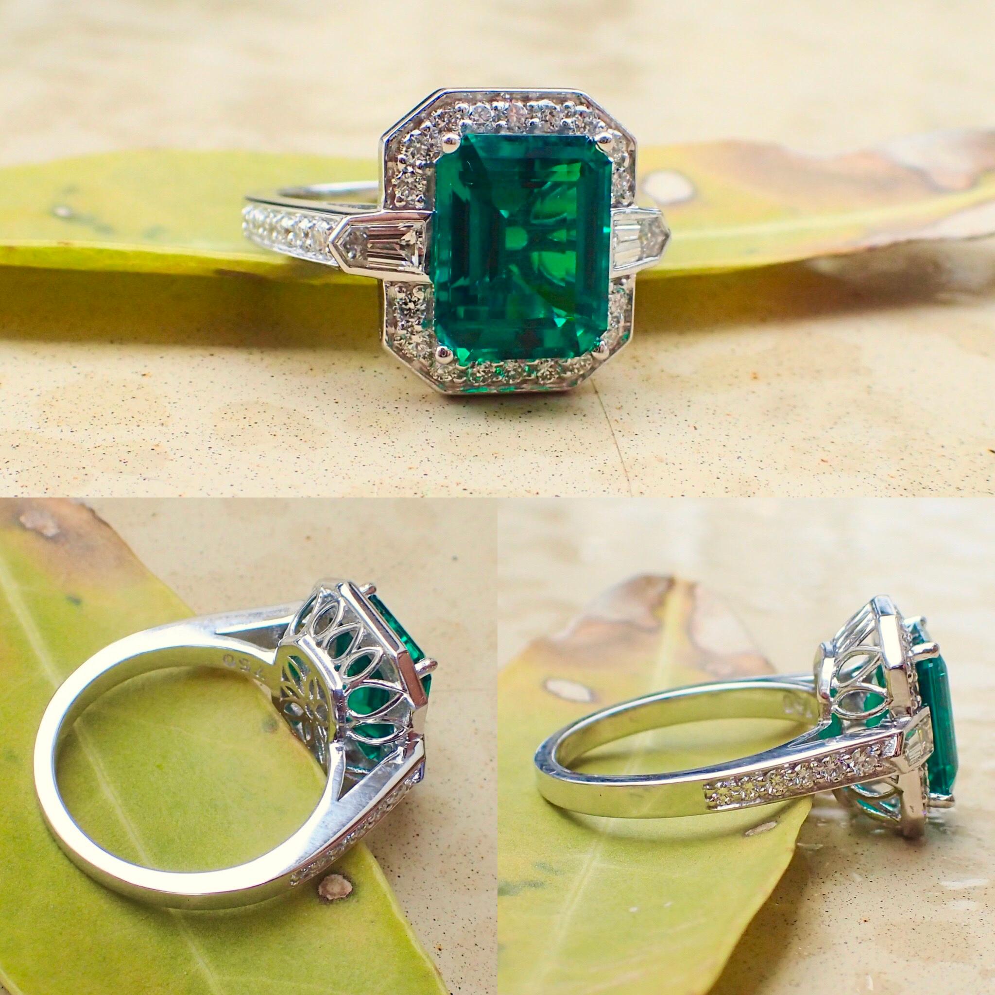 Emerald Cut 18k White Gold Ring 2.83 carat Chatham-Created Emerald & 0.70 carats of Diamond