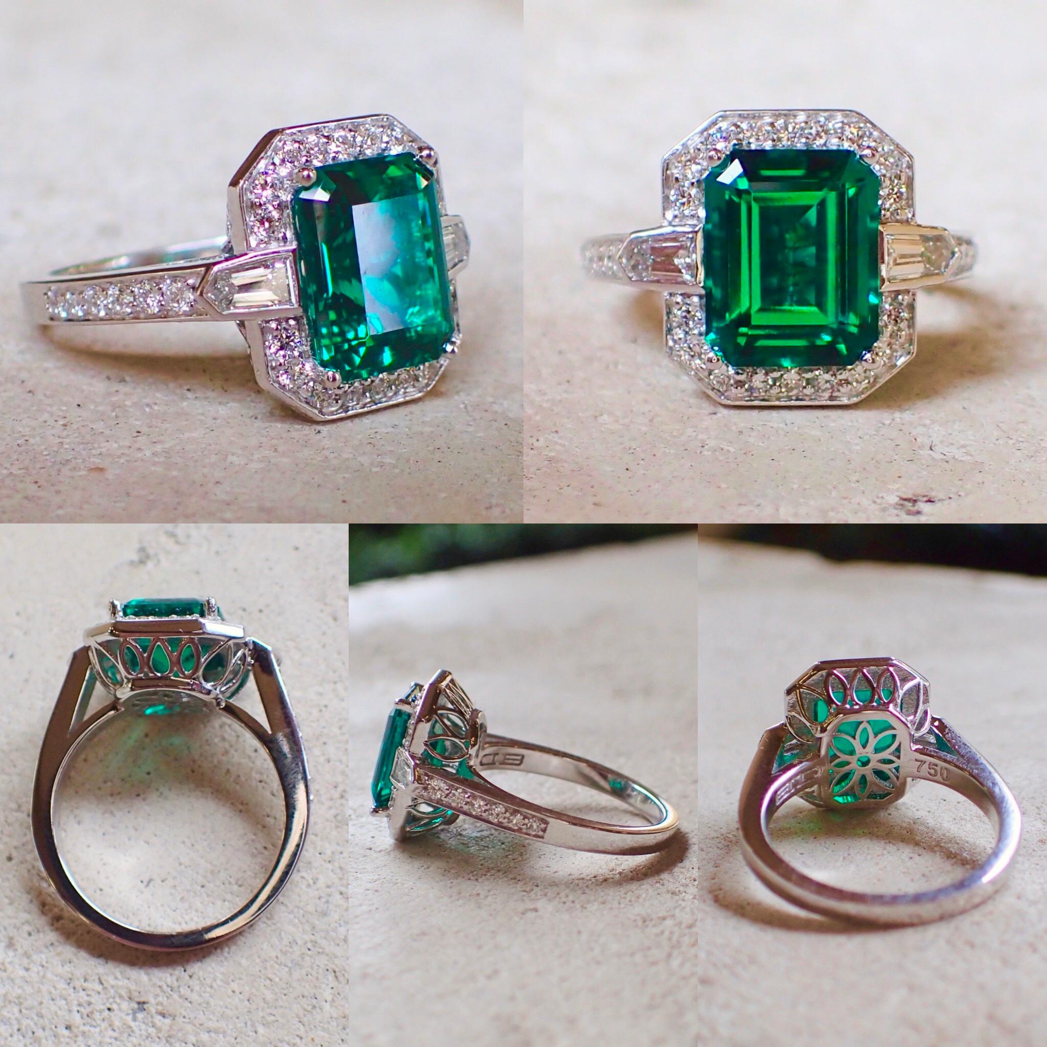 18k White Gold Ring 2.83 carat Chatham-Created Emerald & 0.70 carats of Diamond In New Condition In Coral Gables, FL