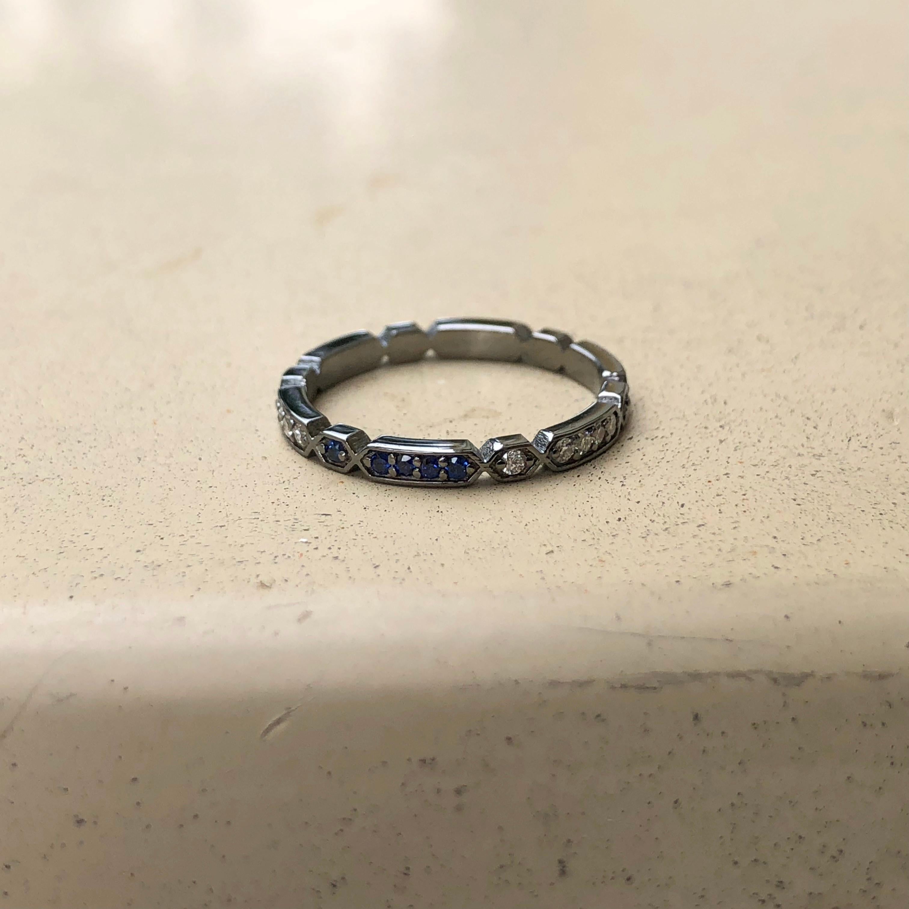 Contemporary 18k Black Rhodium Eternity Band 0.12 carats of Diamond & 1.3mm Chatham Sapphire For Sale