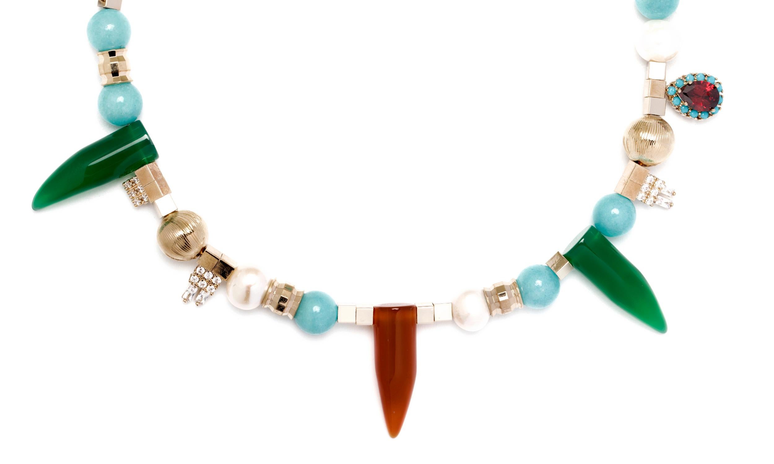 Contemporary Beaded Freshwater pealrs and Natural Stones Necklace from IOSSELLIANI For Sale
