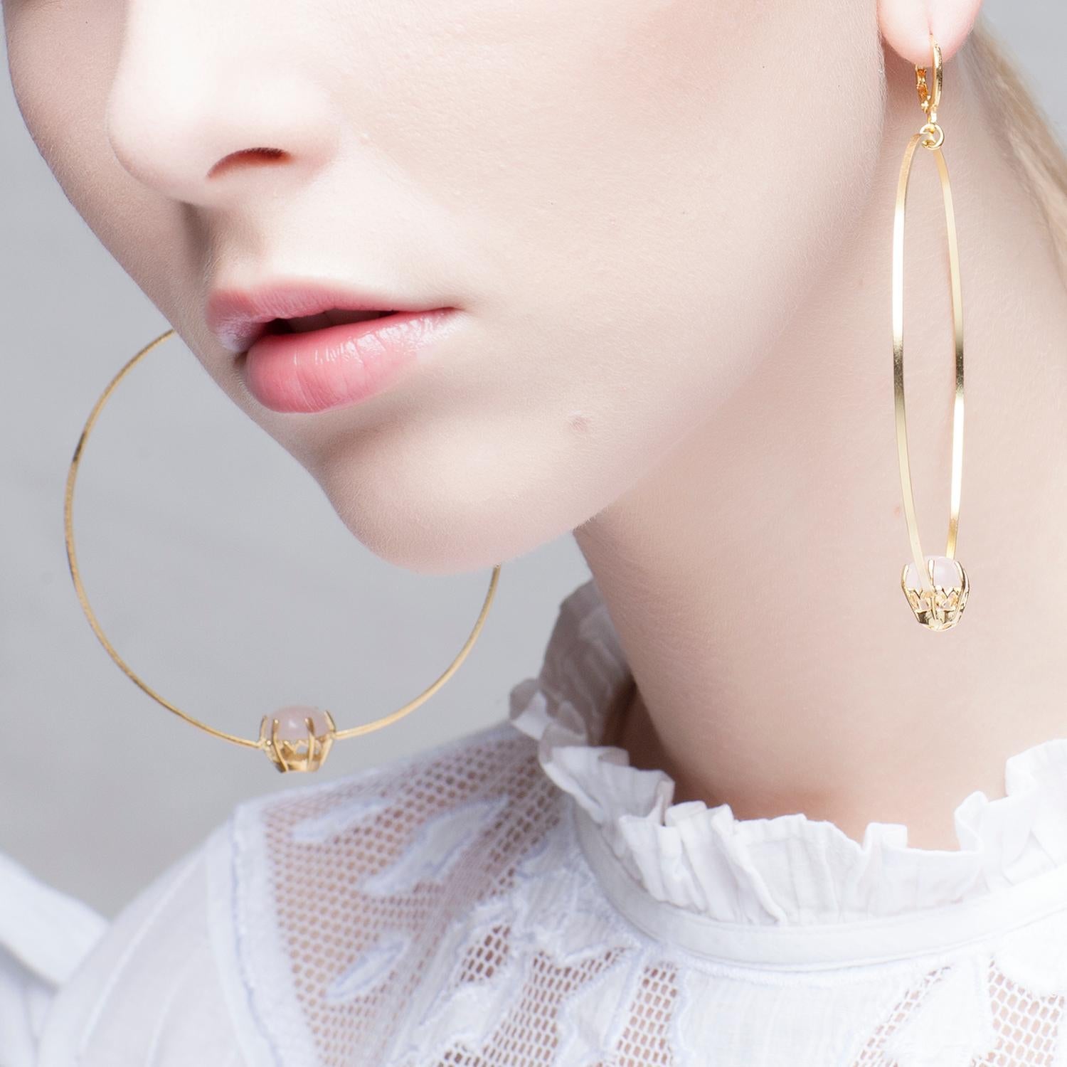 Contemporary Creole Hoop Gold Rose Quartz Earrings from Puro Iosselliani  For Sale