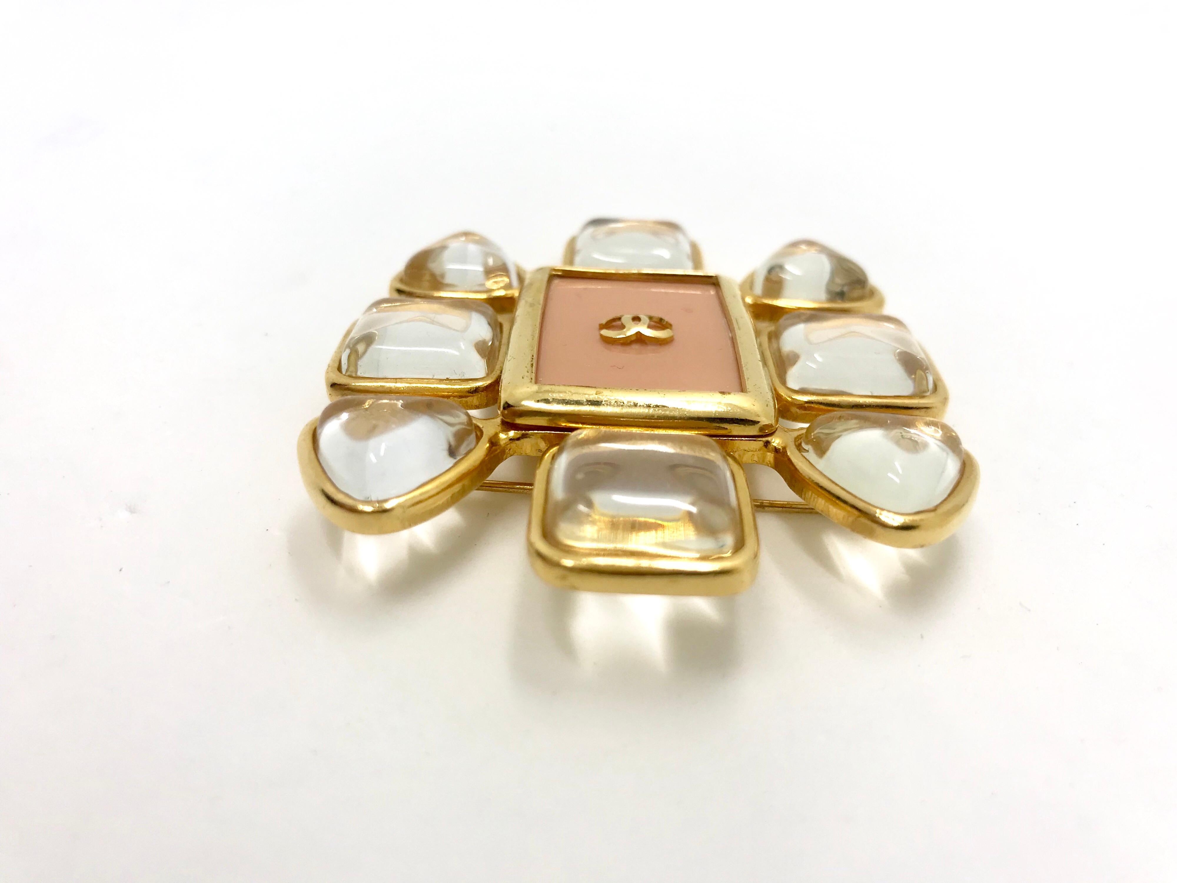Contemporary Chanel Spring 1996 Pink Flower Brooch Pin With Cabochons. 1990s Vintage. For Sale