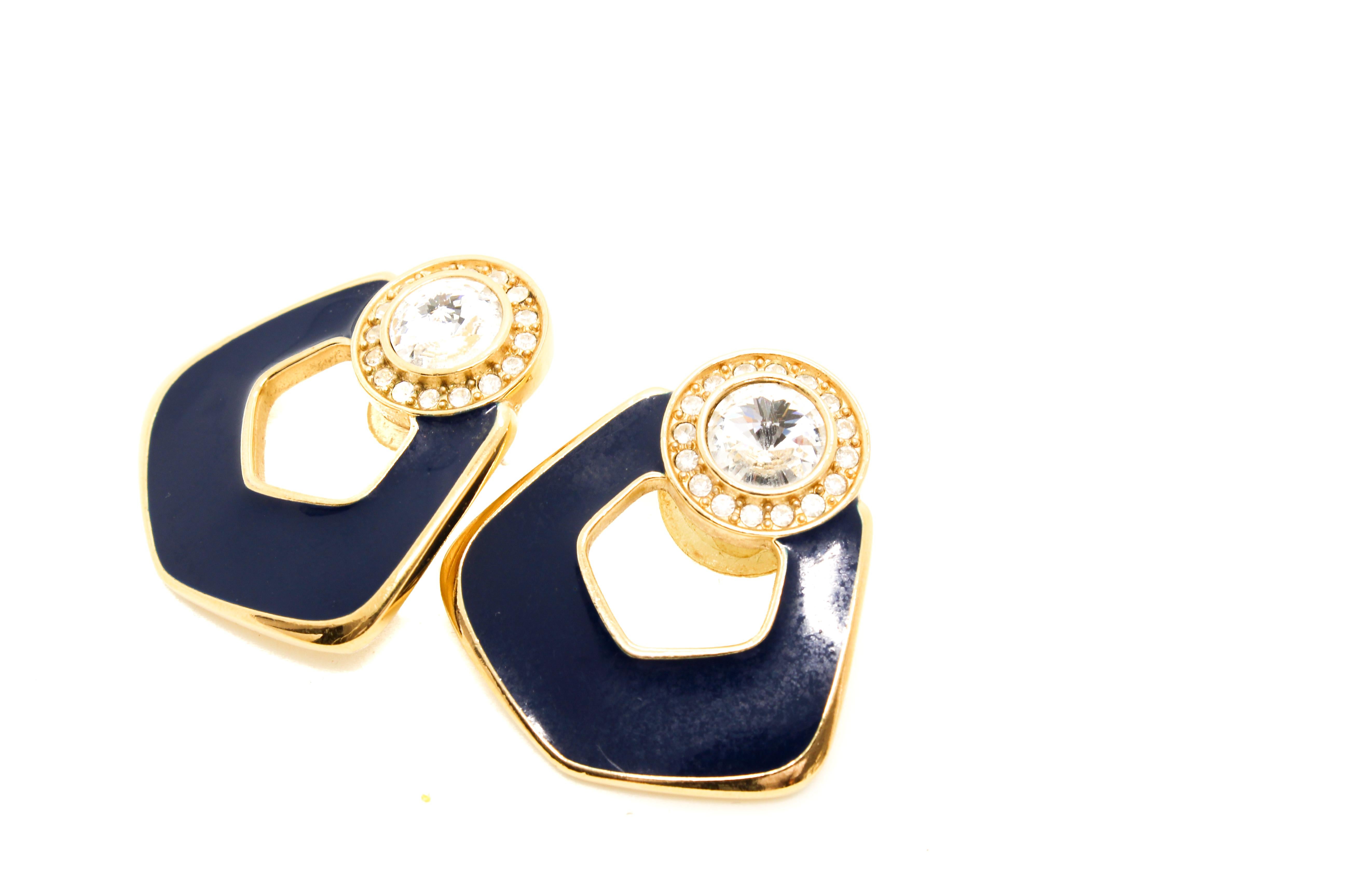 Contemporary Bergdorf Goodman 80s Vintage Blue Enamel and Crystal Earrings for Pierced Ear 