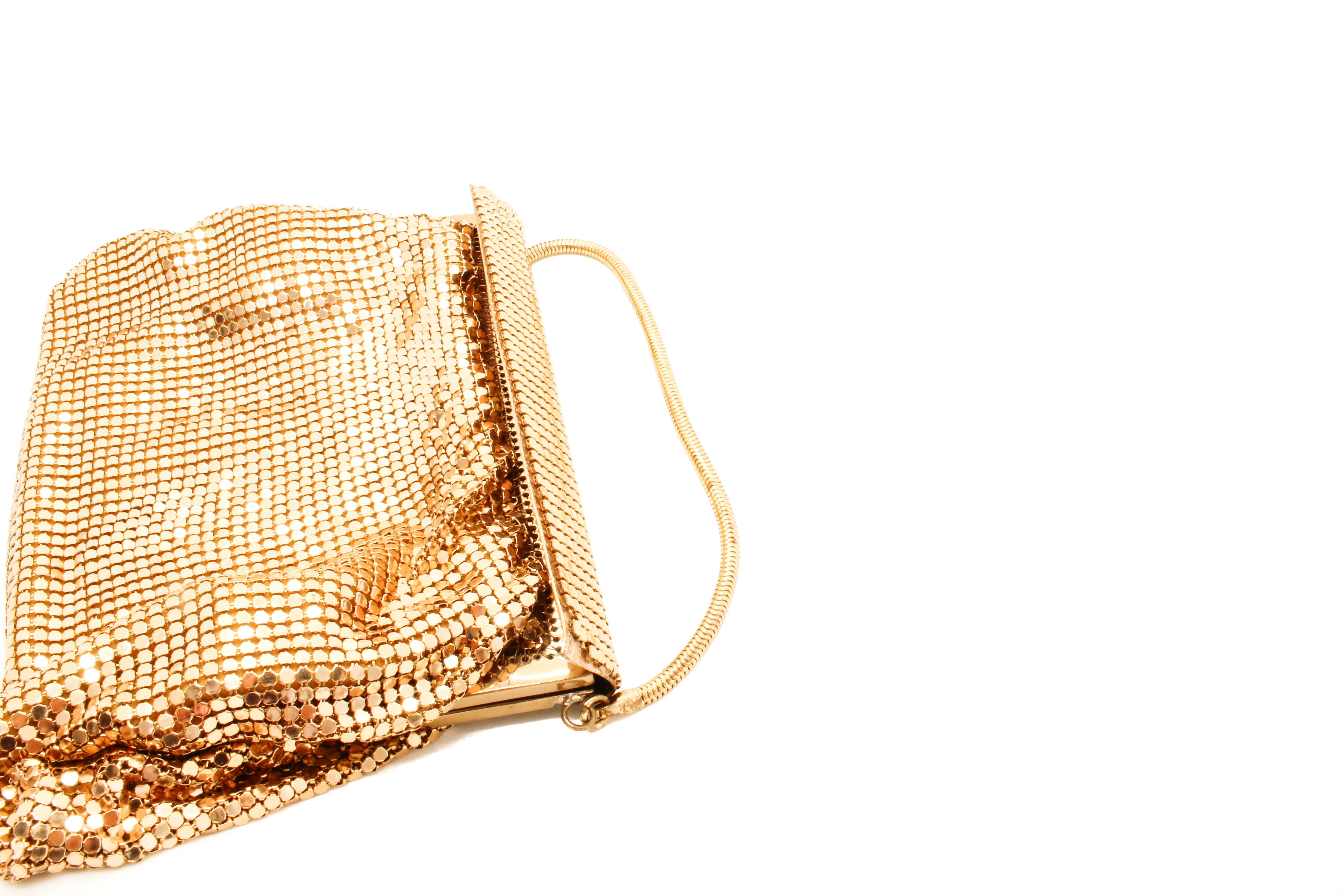 ME Whiting & Davis 1970s Vintage Gold Tone Mesh Evening Bag  2