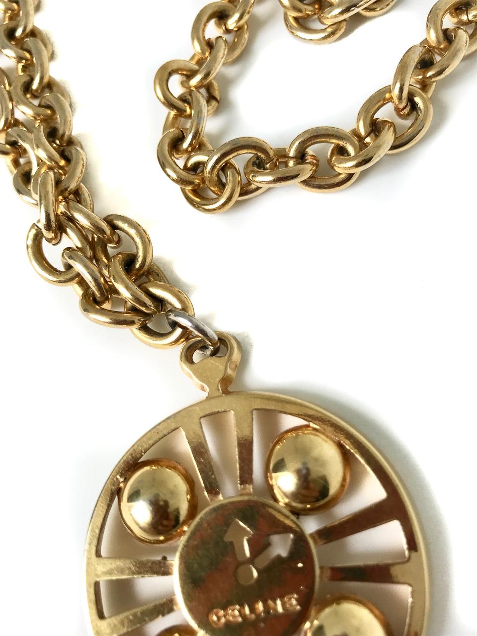 Celine 1990s Vintage Gold Plated Pendant Necklace and Belt For Sale 3