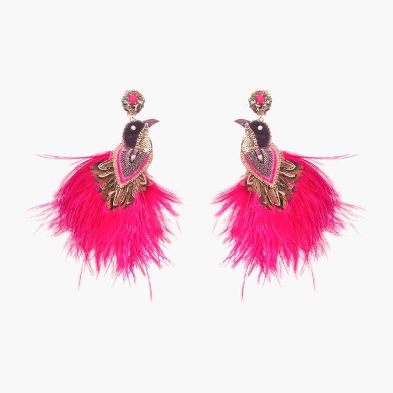 Hot Pink Feather and crystal Statement Earring by Ranjana Khan For Sale