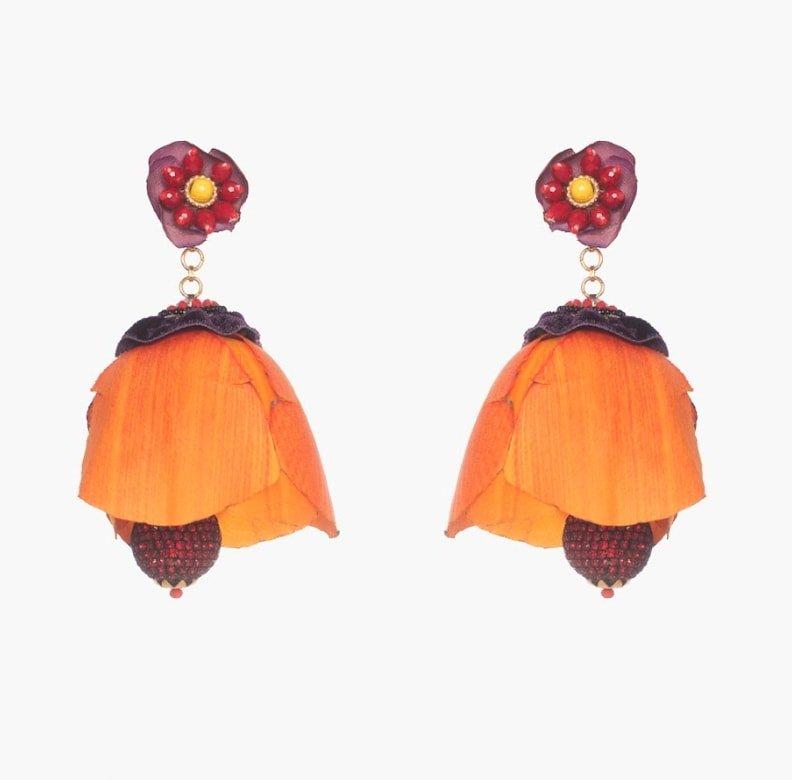 Artisan Tecoma Silk Petal and Crystal Earring For Sale