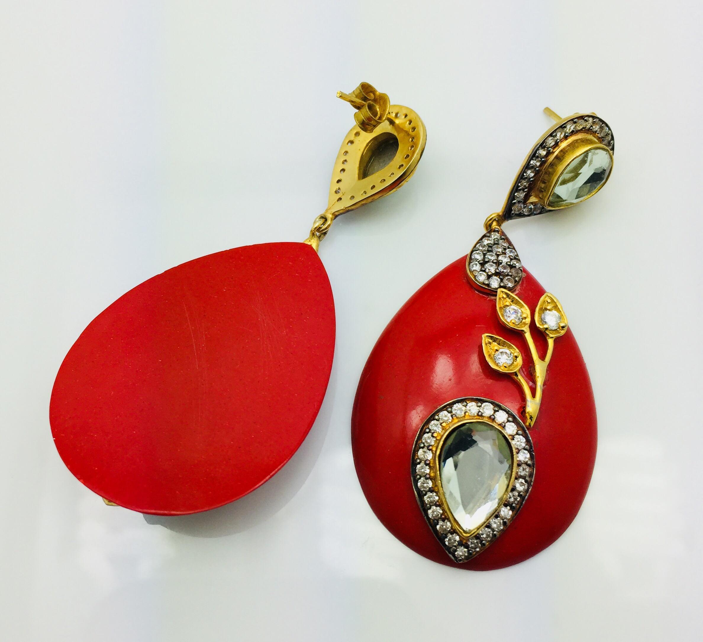 Mixed Cut Resin Red Leaf Earrings  For Sale