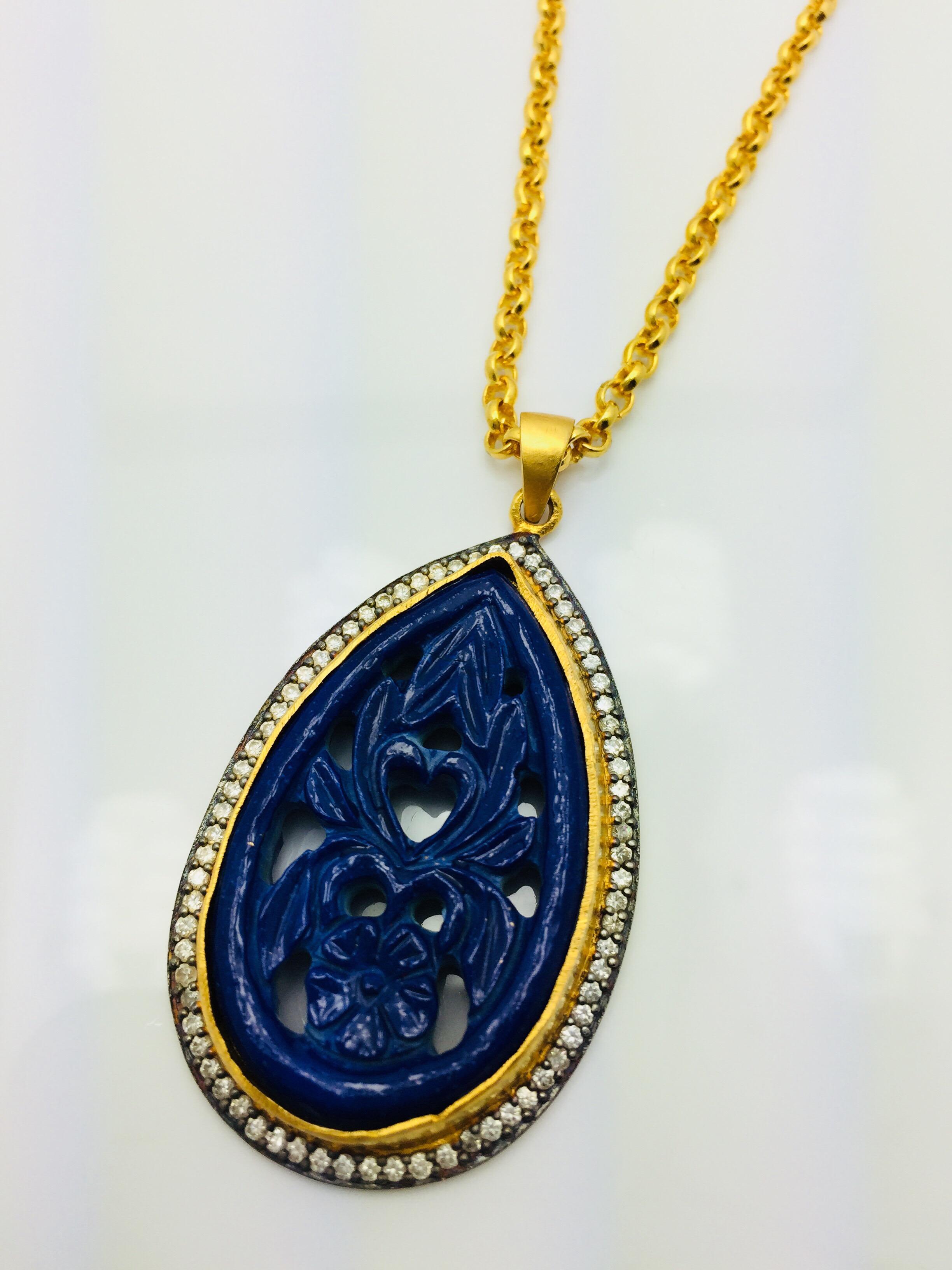 Artisan Meghna Jewels Handcrafted Carved Necklace Faux Lapis For Sale