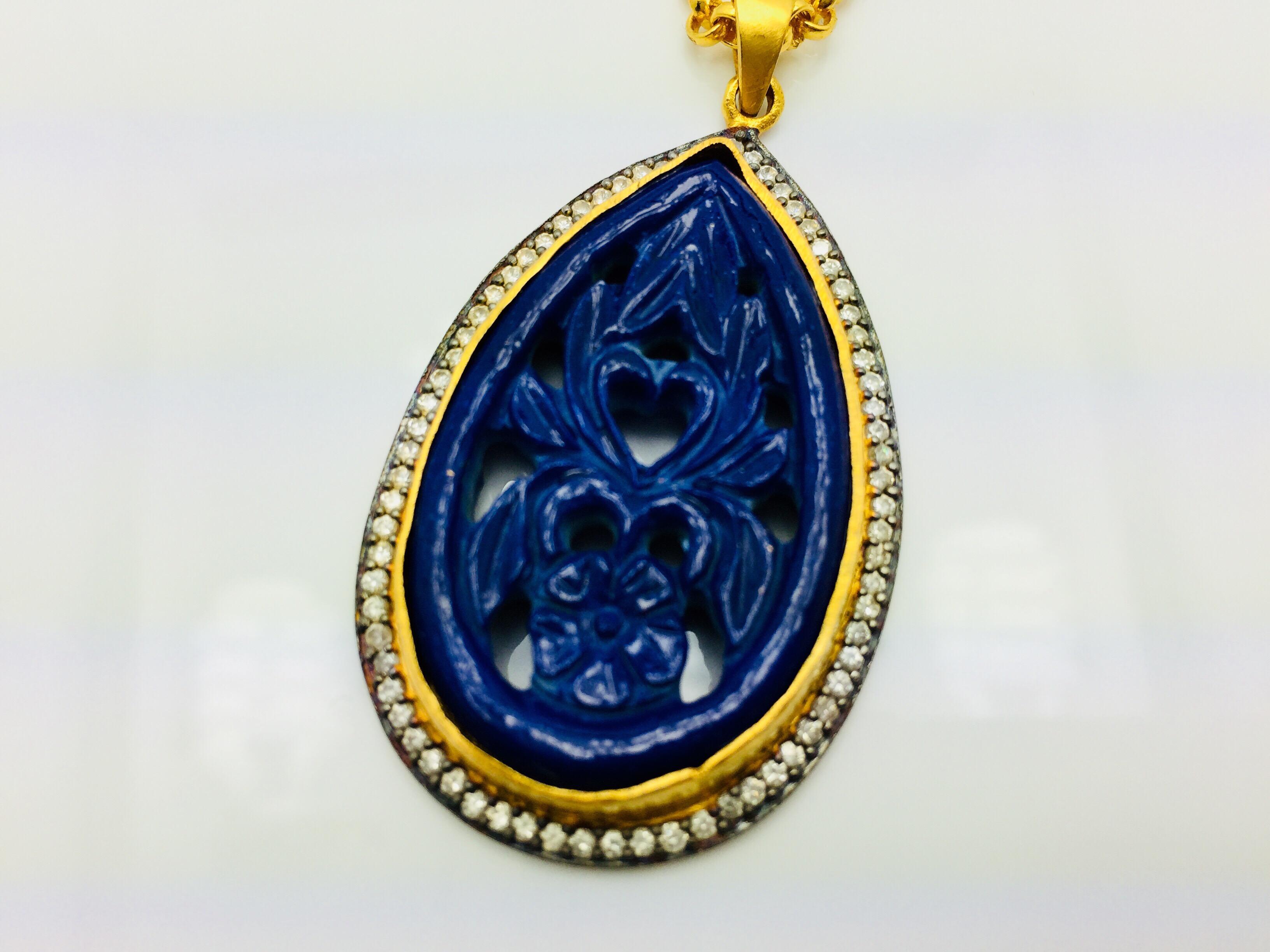 Pear Cut Meghna Jewels Handcrafted Carved Necklace Faux Lapis For Sale