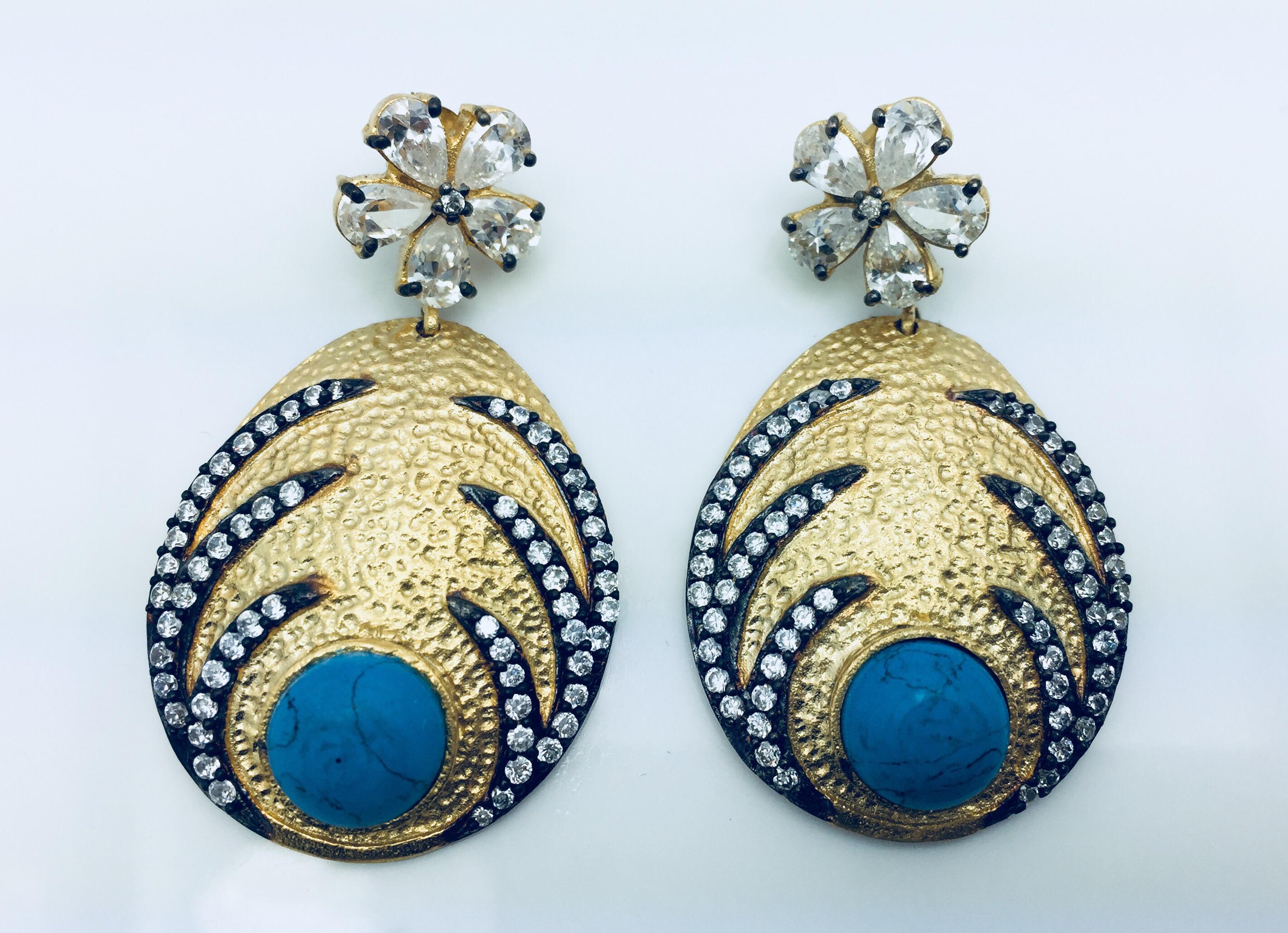Artisan Turquoise Crystal Hand brushed Gold Earrings