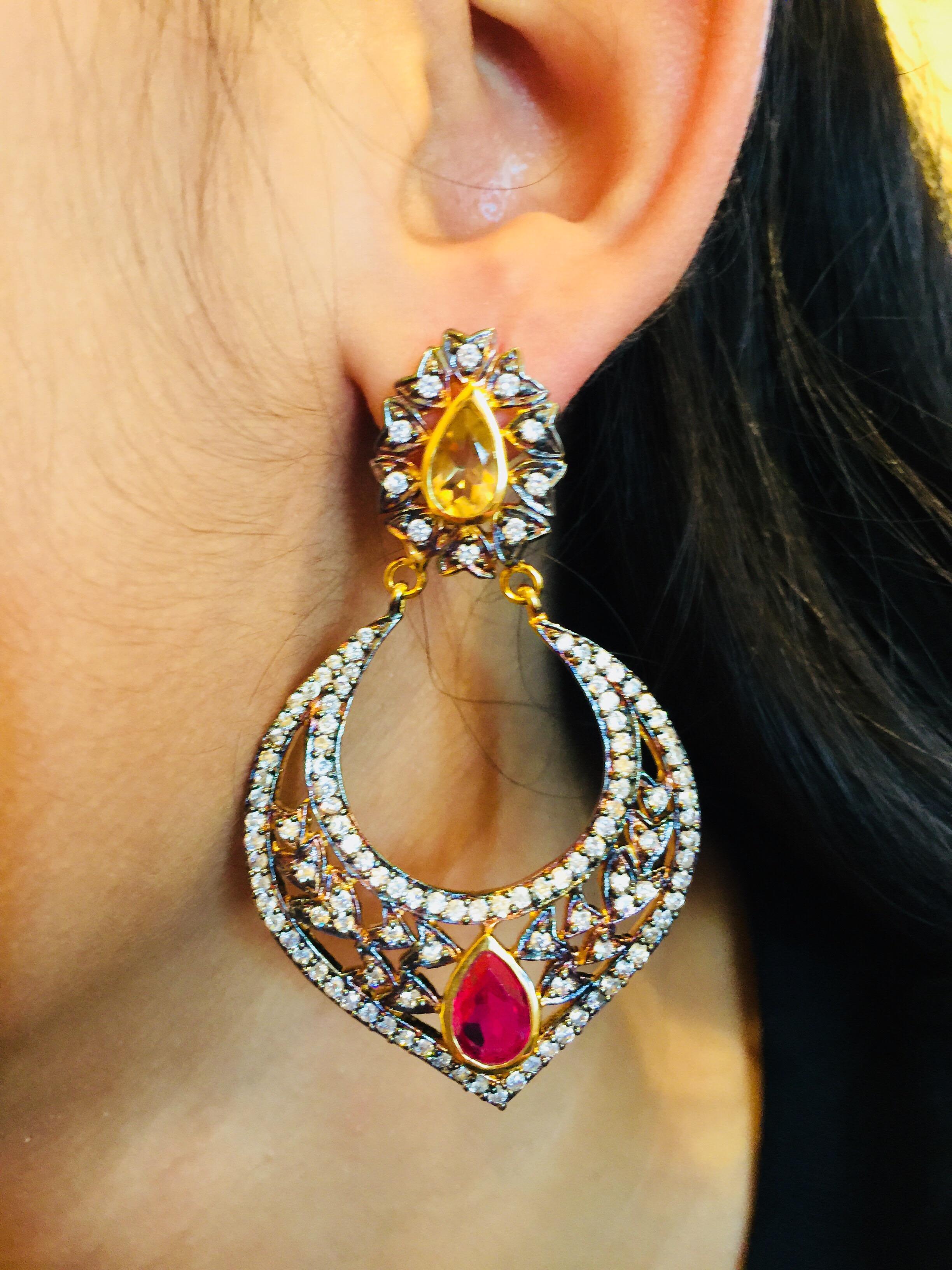 Mixed Cut Taj Faux Ruby Crystal Earrings  For Sale