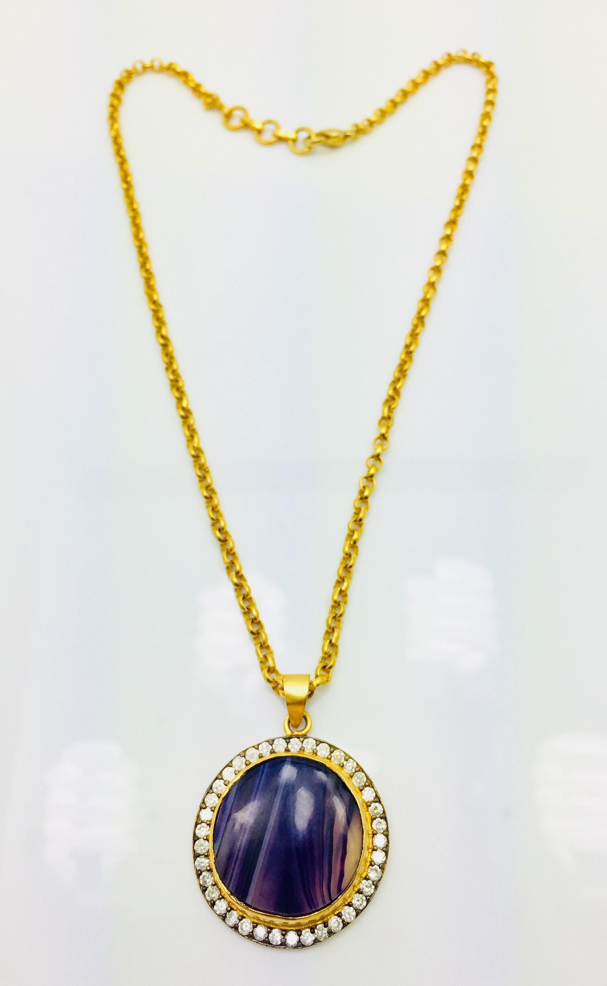 A brilliant round faux amethyst druzy sits surrounded by sparkling CZ stones. Chain length 18 inches. Limited Stock.   Other color options available.
Metal: 18K Gold plated

FOLLOW  MEGHNA JEWELS storefront to view the latest collection & exclusive