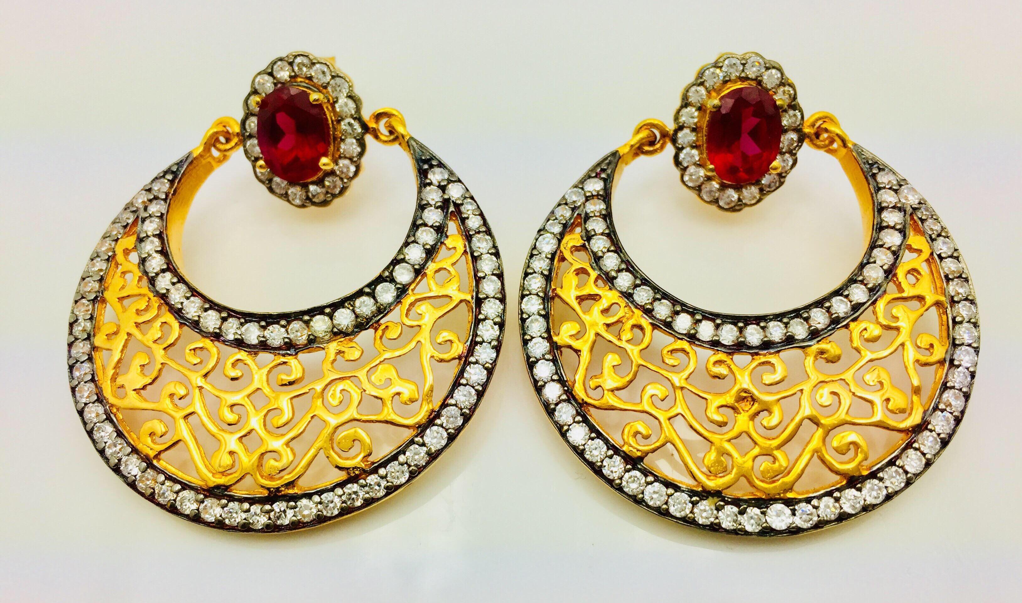 Victorian MEGHNA JEWELS Filigree Faux Ruby Cubic Zircon Earrings 