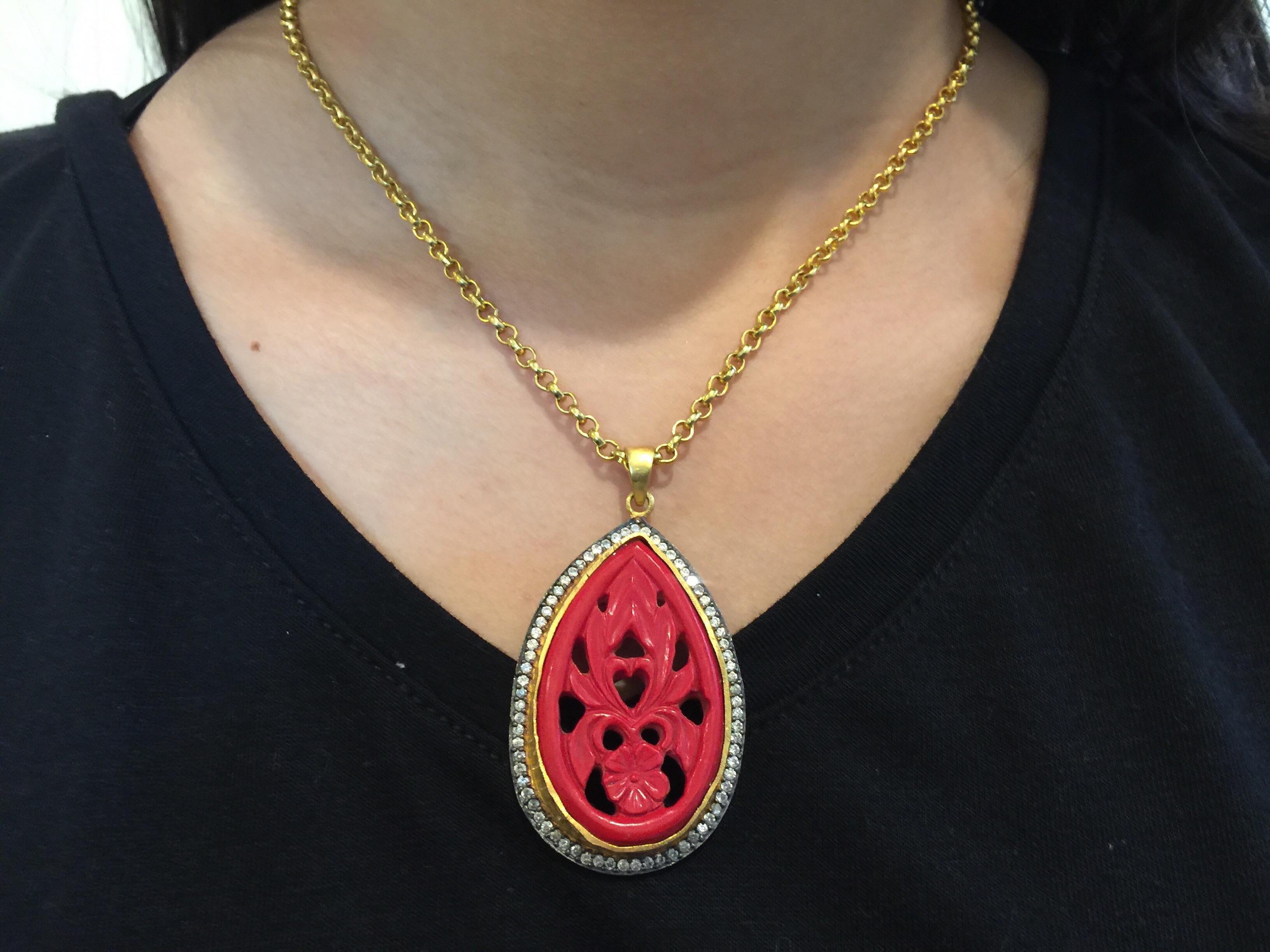 Artisan Hand Carved Red Resin Necklace  For Sale