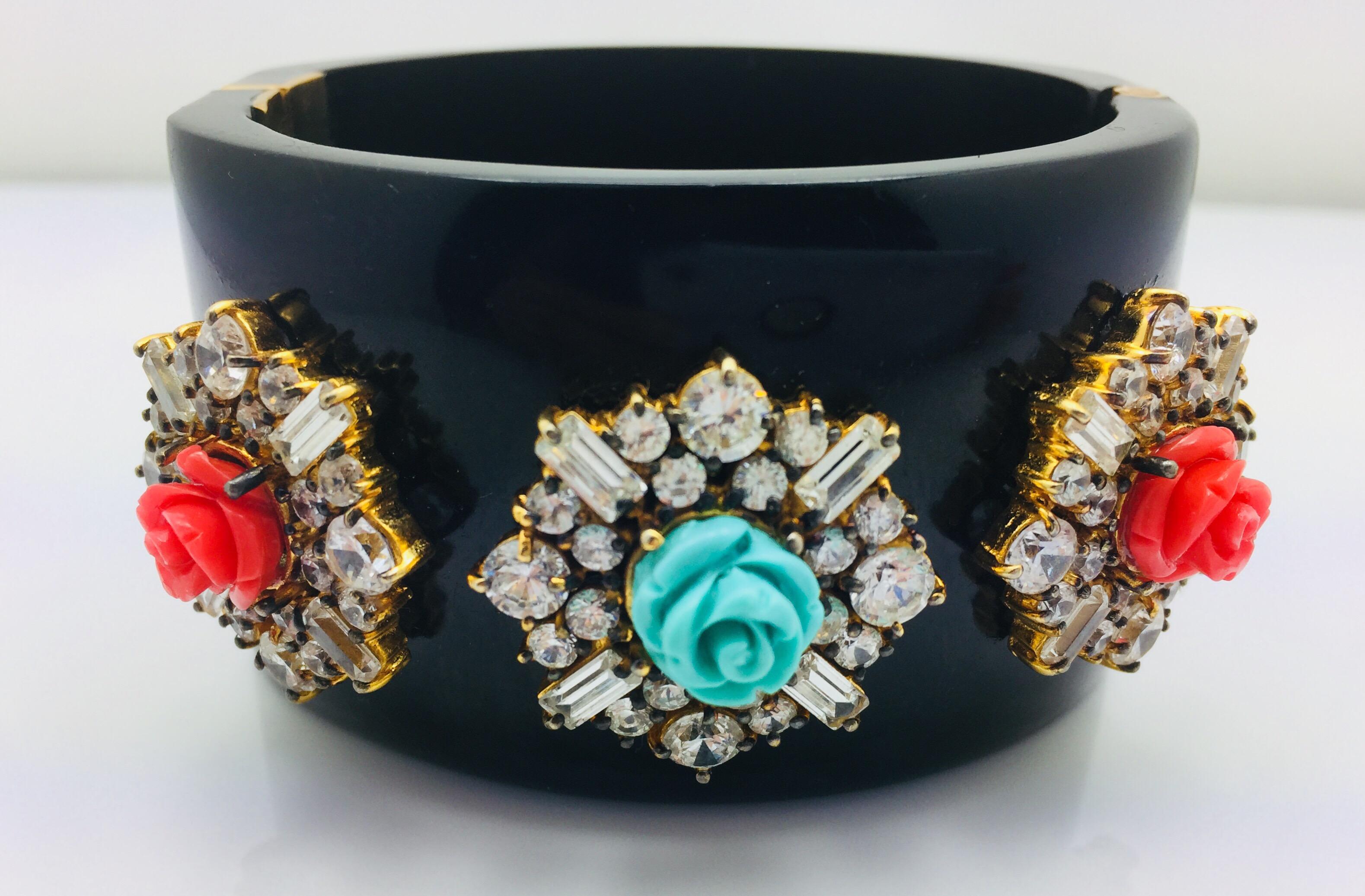 Mixed Cut Black Resin Statement Floral Cuff For Sale