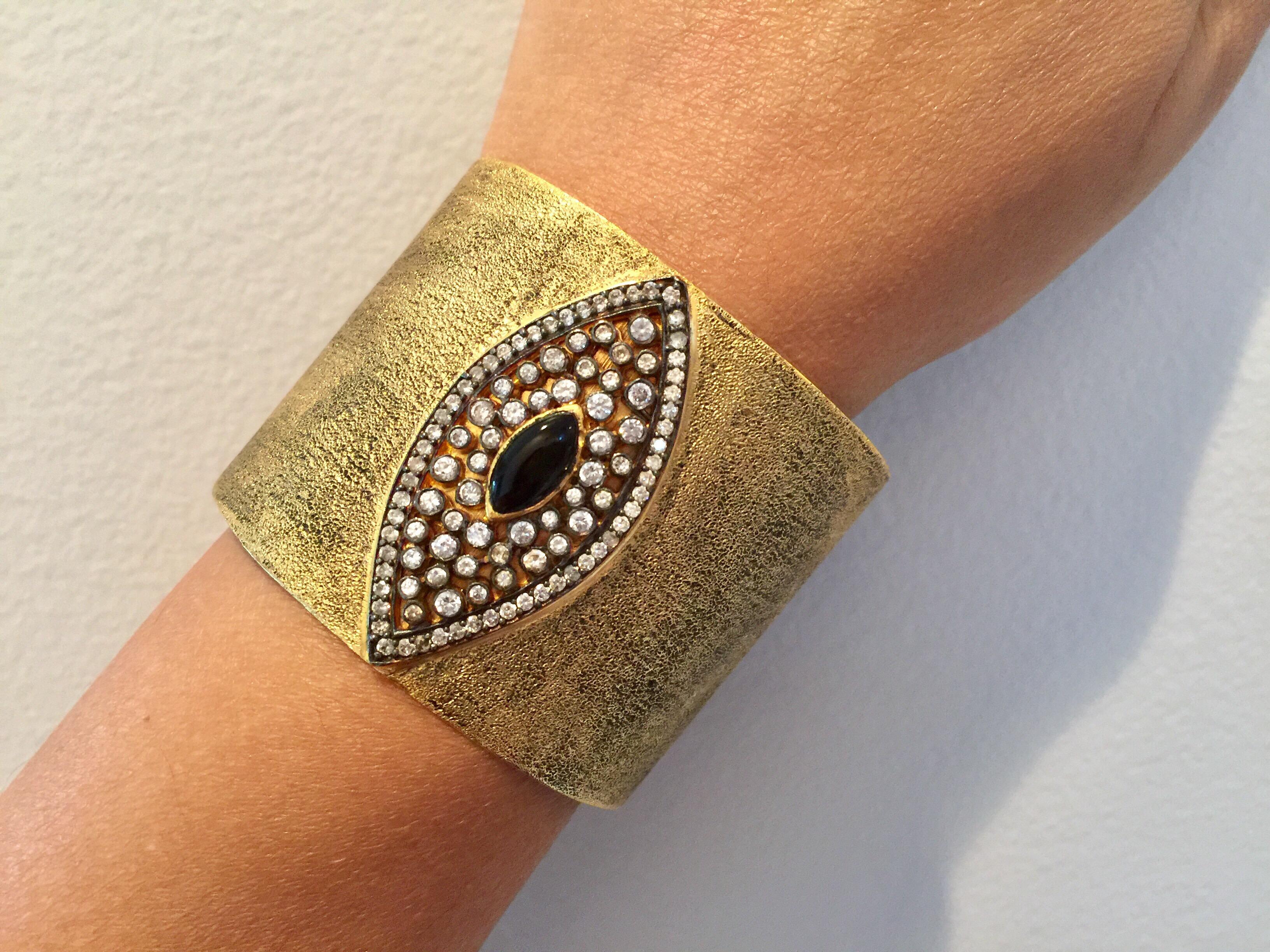 MEGHNA JEWELS Hand brushed Evil Eye Statement Gold Cuff In Excellent Condition In Hoffman Estates, IL