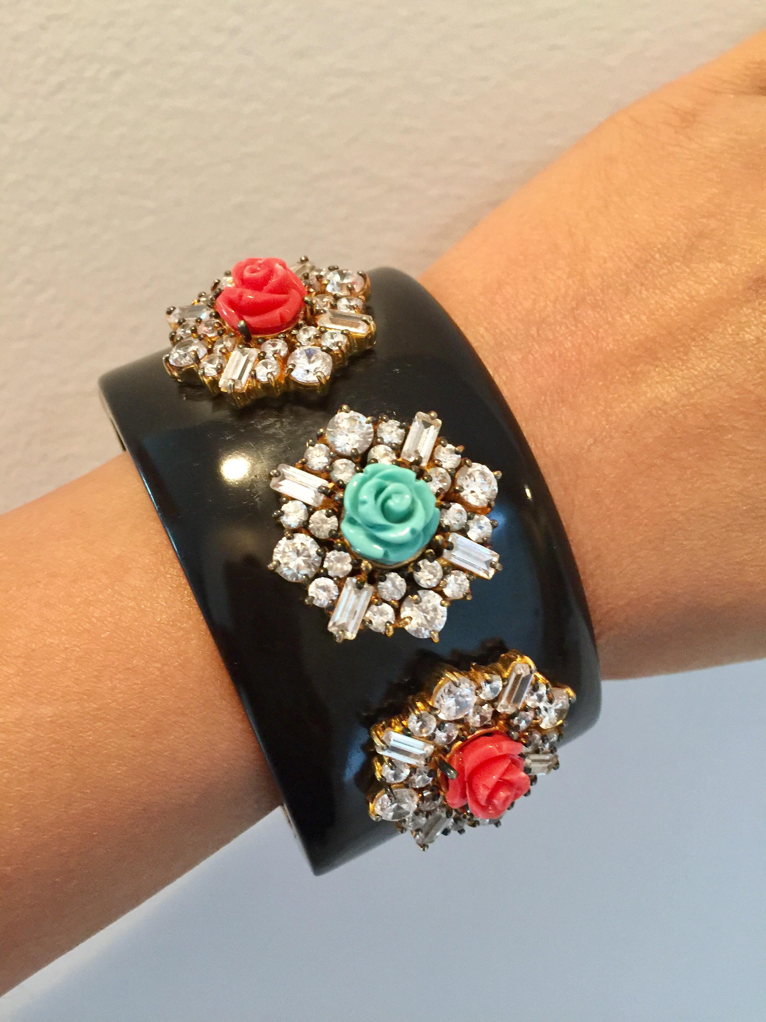 Women's Black Resin Statement Floral Cuff For Sale