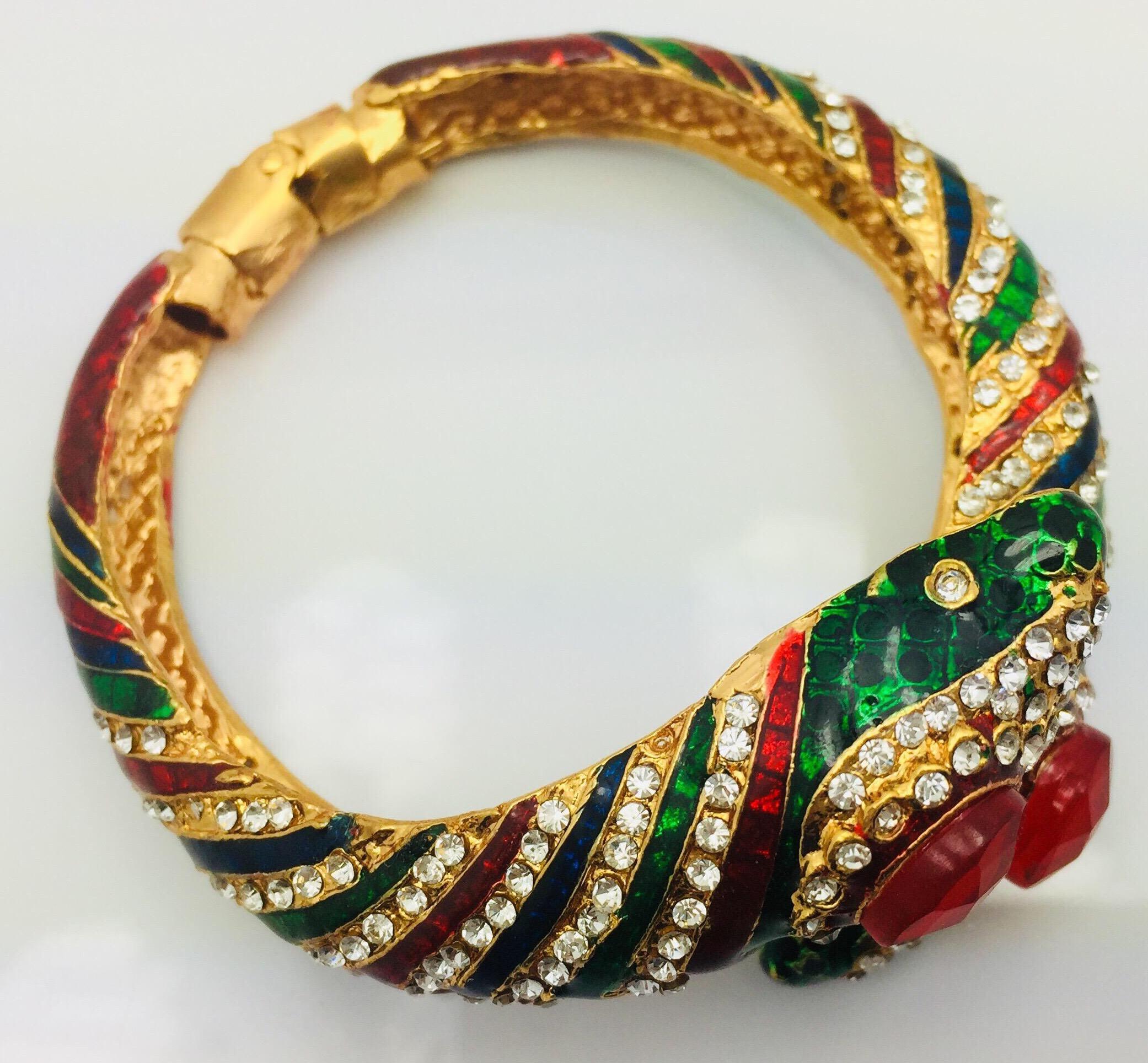 Artisan Enamel Faux Diamond Serpenti Bangle Bracelet For Sale