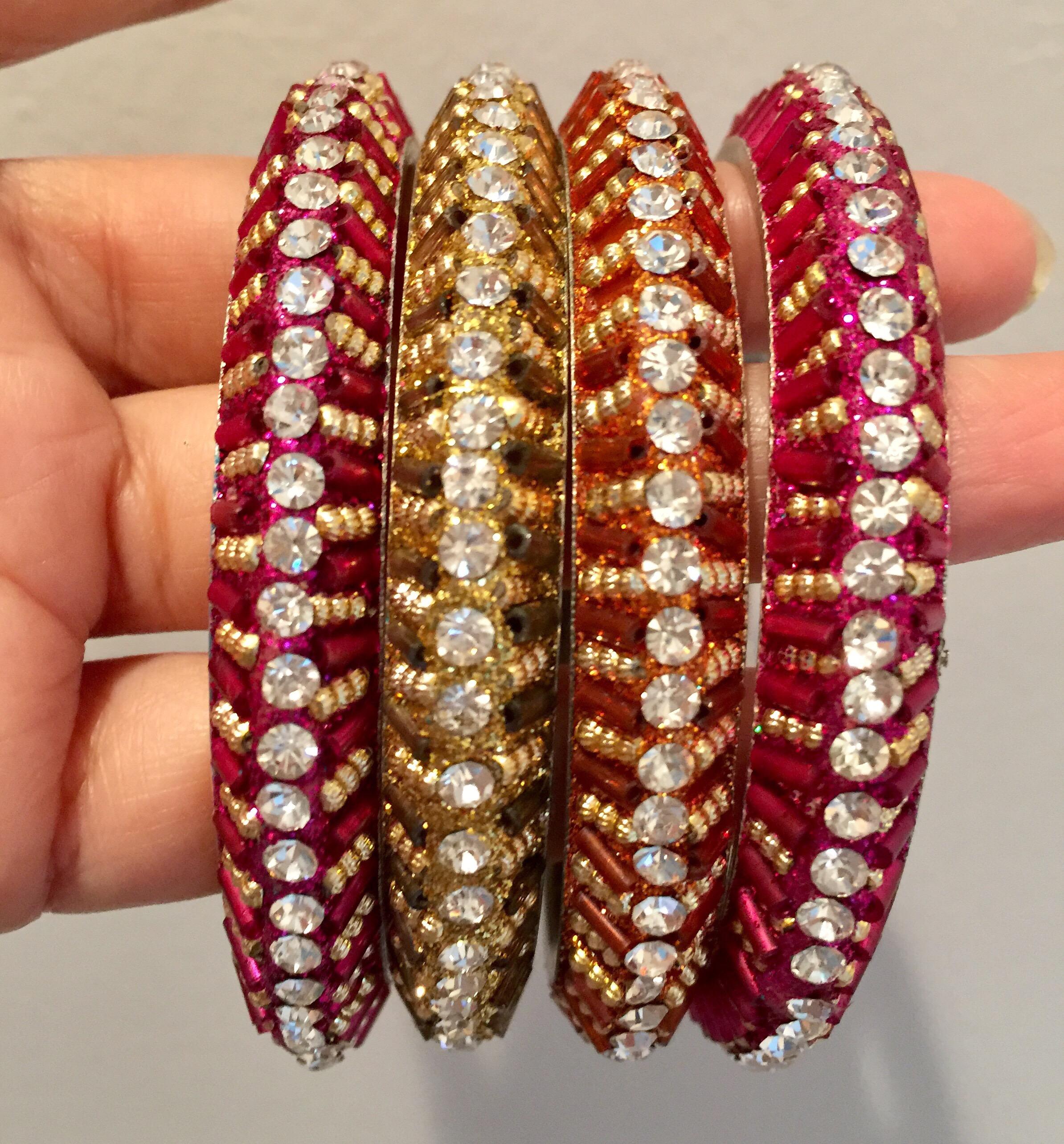 Beautiful bright colored handmade rhinestone bangles will brighten up any outfit.  
Can be purchased in set of 4 or 2 bangles.
Inner diameter 65.00 mm (2.56 in), inner circumference 204.2 mm (7.04 in)

FOLLOW  MEGHNA JEWELS storefront to view the