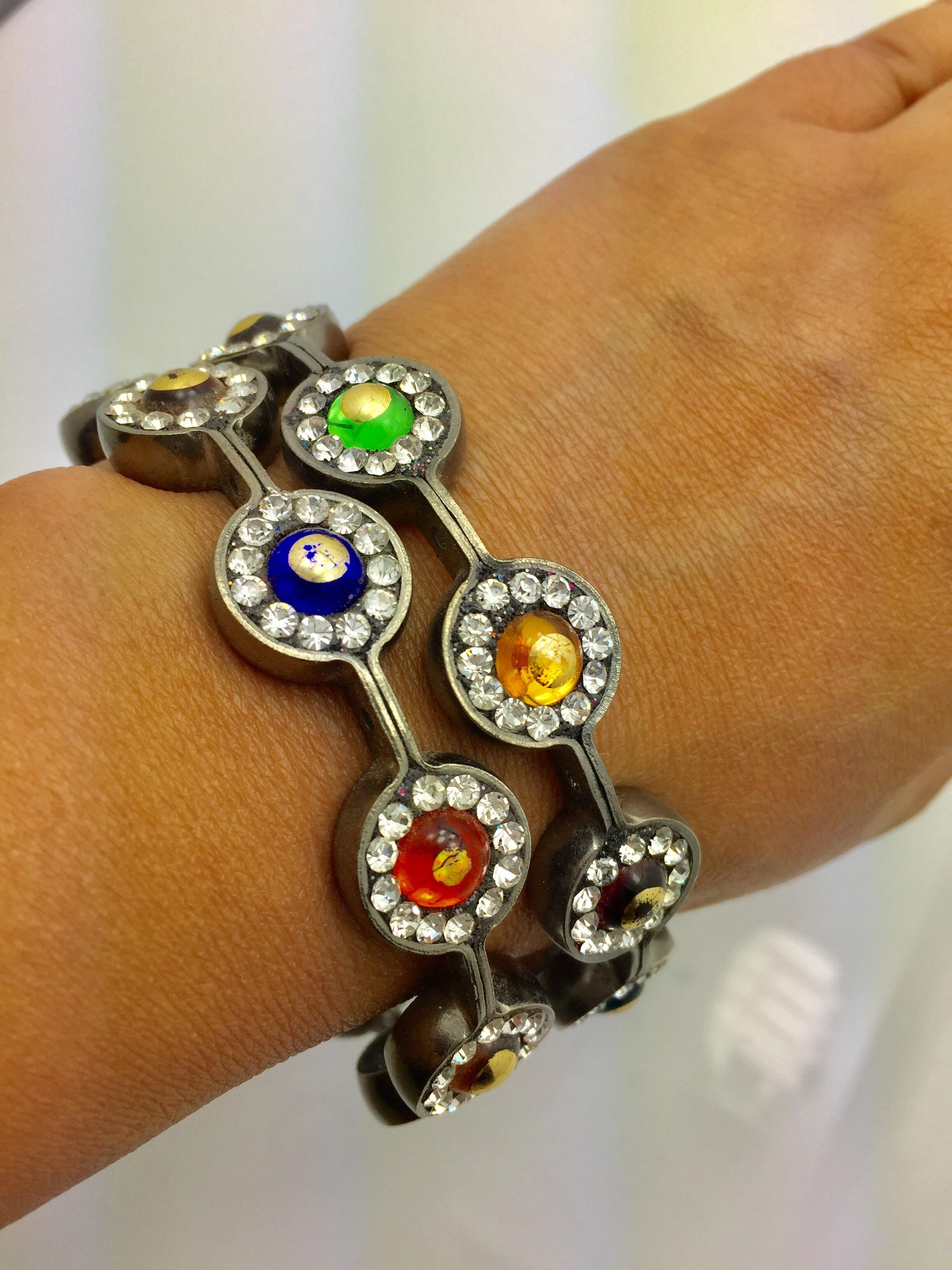 Handmade colored glass rhinestone bangle  In New Condition For Sale In Hoffman Estates, IL