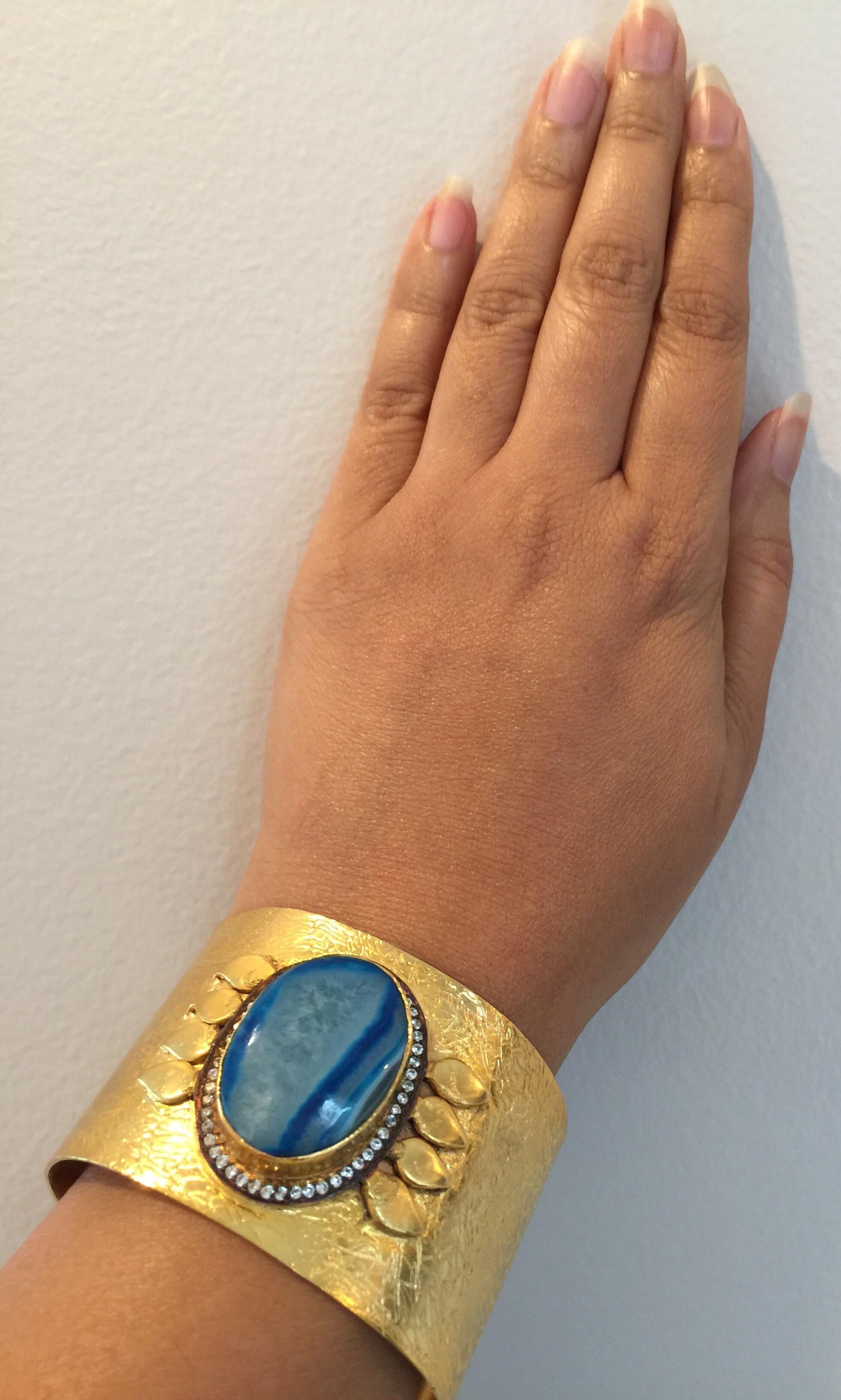 Geode Turquoise Hand Brushed Gold Statement Cuff In New Condition For Sale In Hoffman Estates, IL