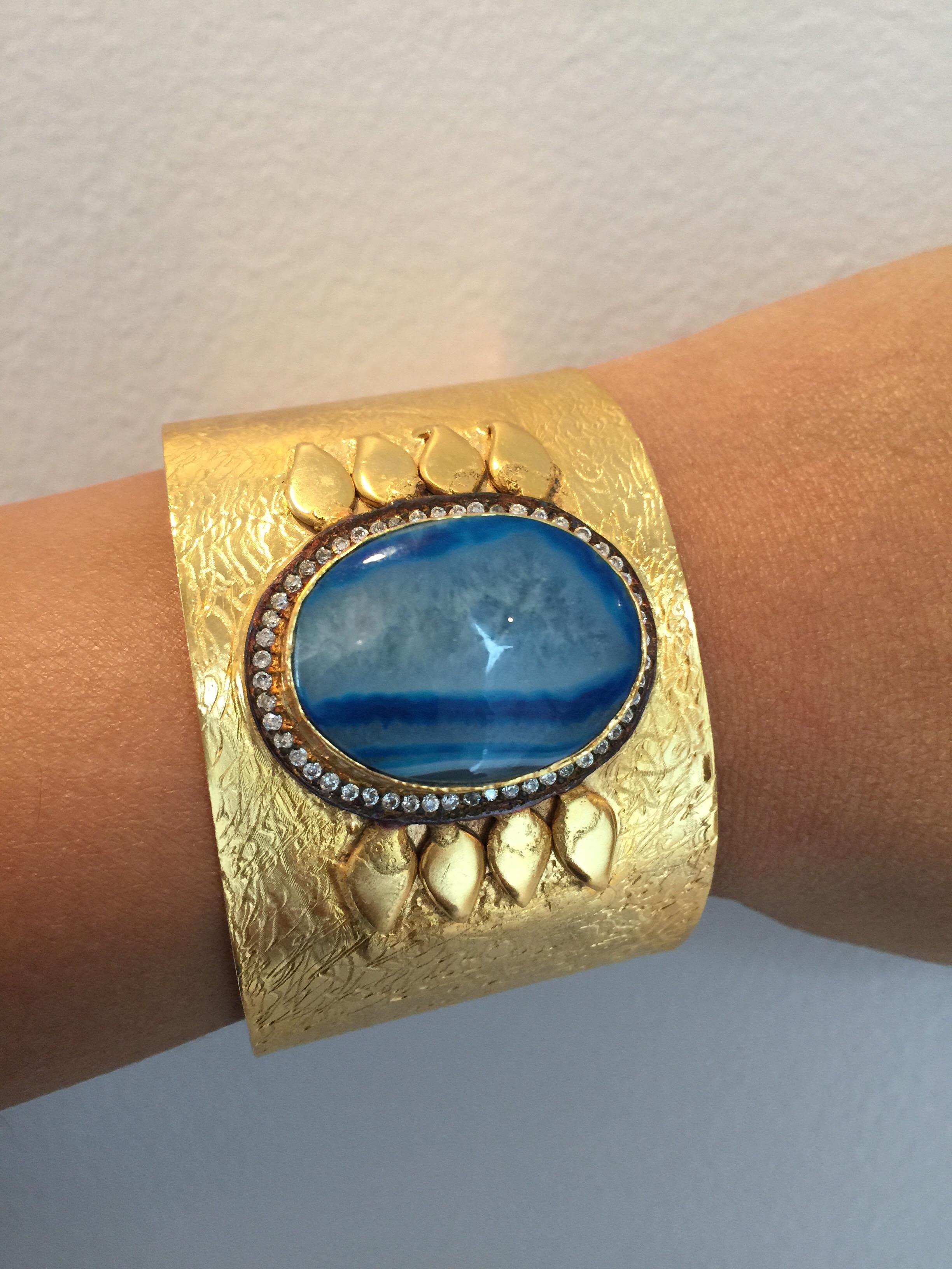 Women's Geode Turquoise Hand Brushed Gold Statement Cuff For Sale