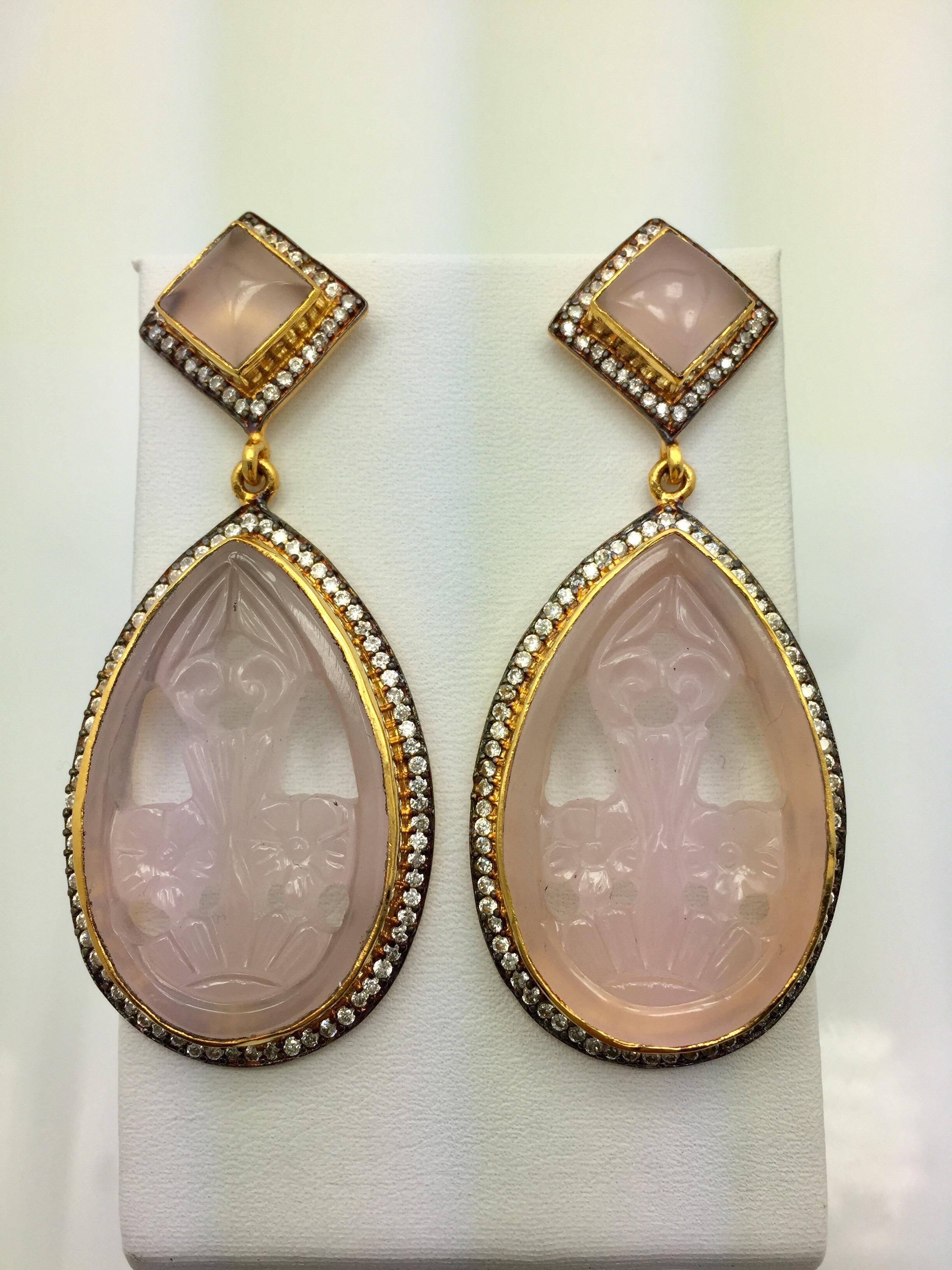 Mixed Cut Faux Rose Quartz Carved Earrings  For Sale