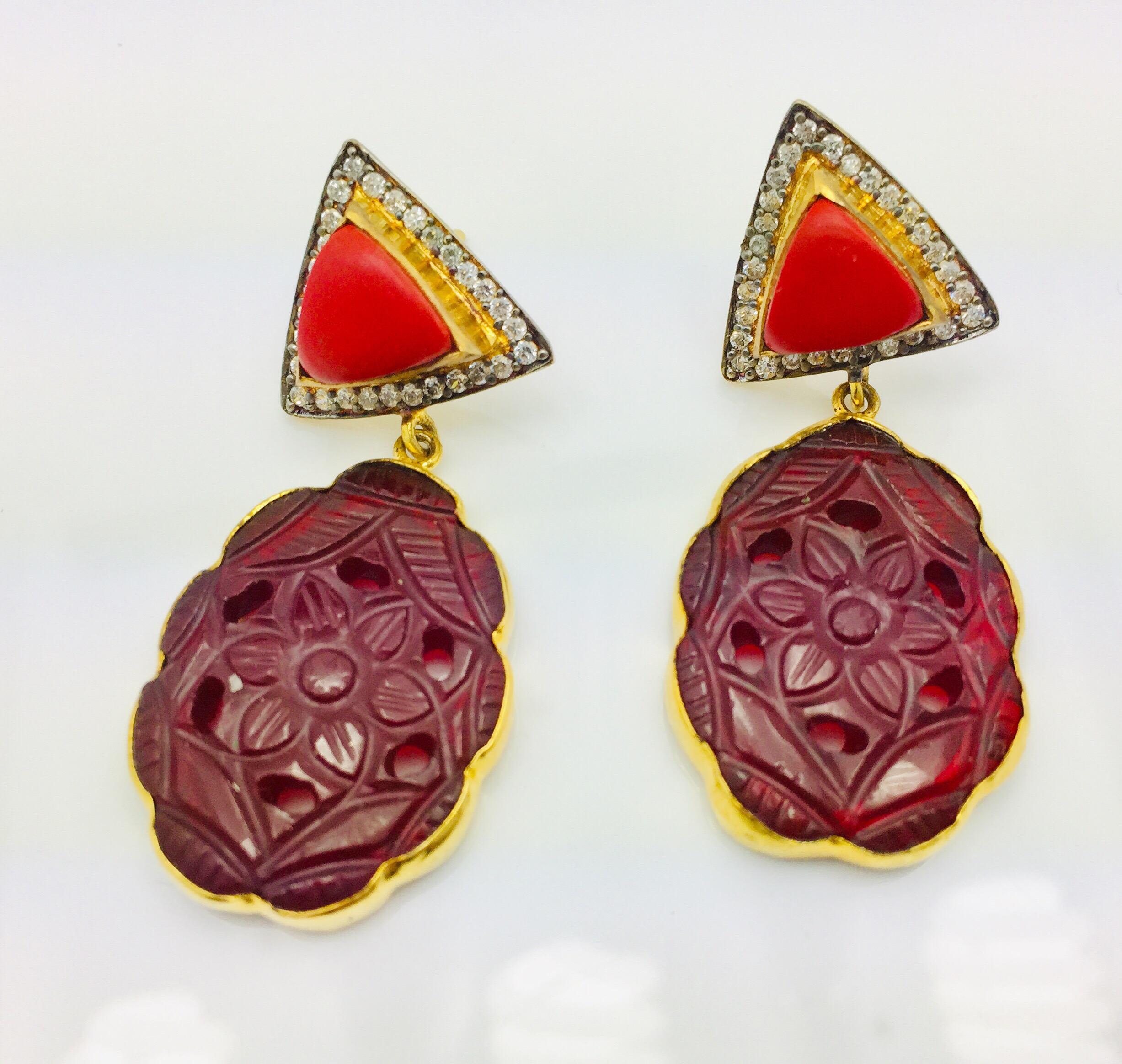 Artfully crafted, these gorgeous hand carved earrings are destined to become your favorite.  Enhanced with red resin triangle and sparkling cubic zircon.  Drop 1 inch.

FOLLOW  MEGHNA JEWELS storefront to view the latest collection & exclusive