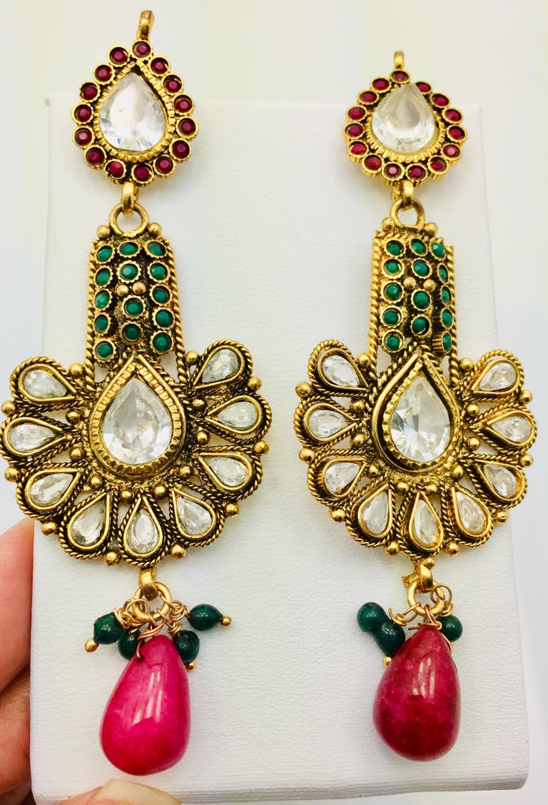 Meghna Jewels Antique Style Green and Faux Ruby Earrings For Sale at