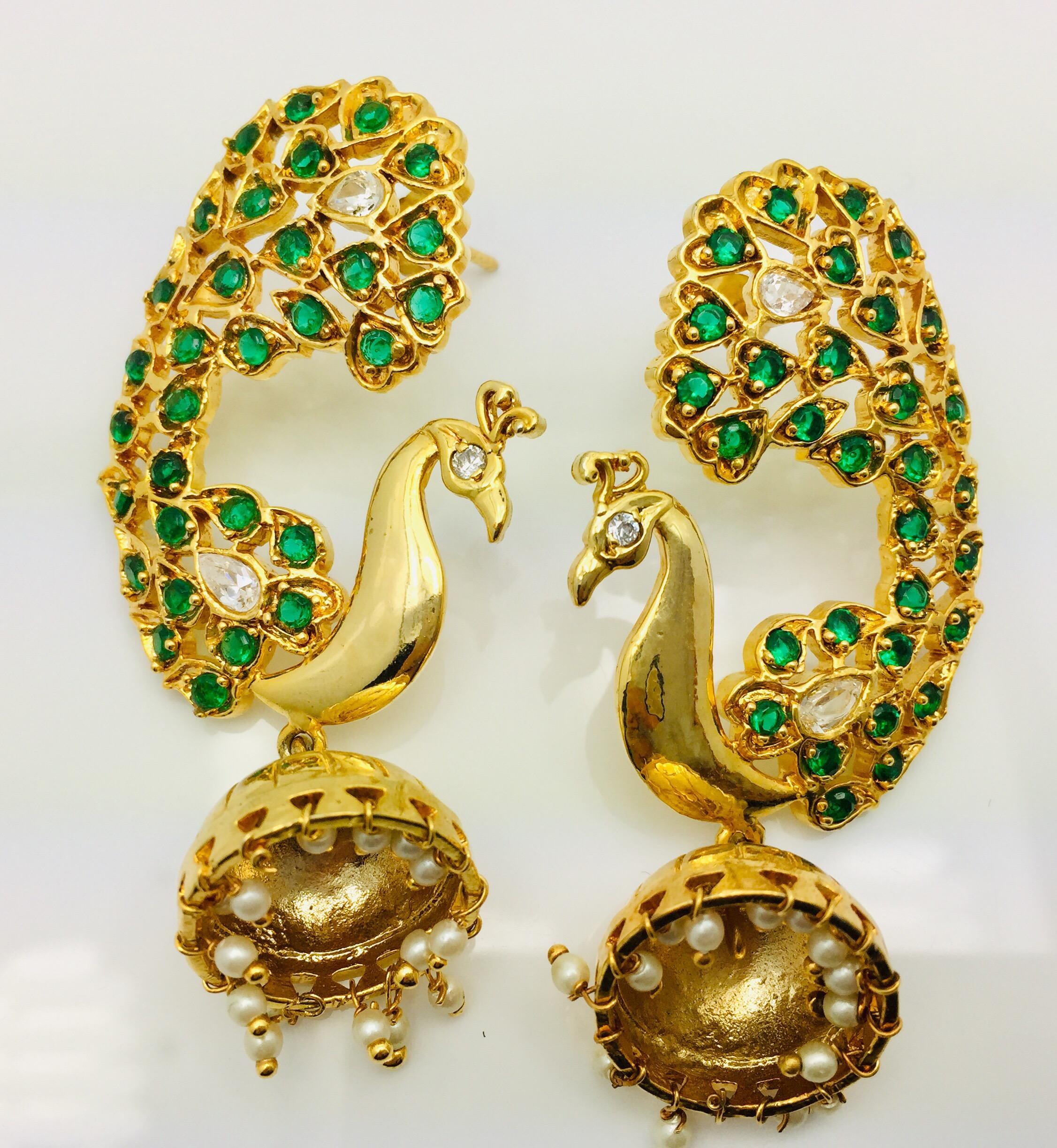 Artisan Peacock Faux Emerald Pearl Earrings 