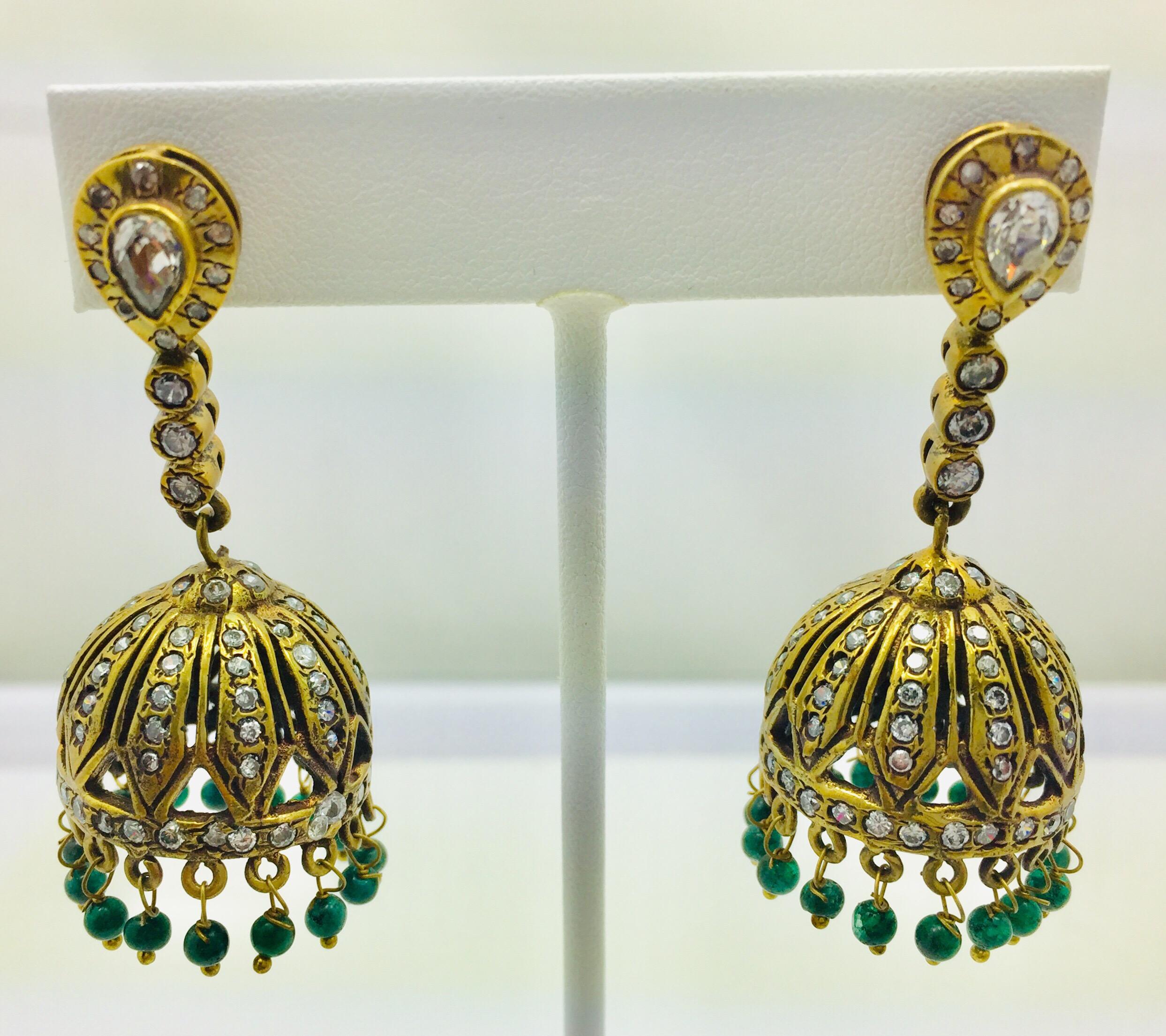 Mixed Cut Antique Style Faux Emerald Dome Tassel Earrings