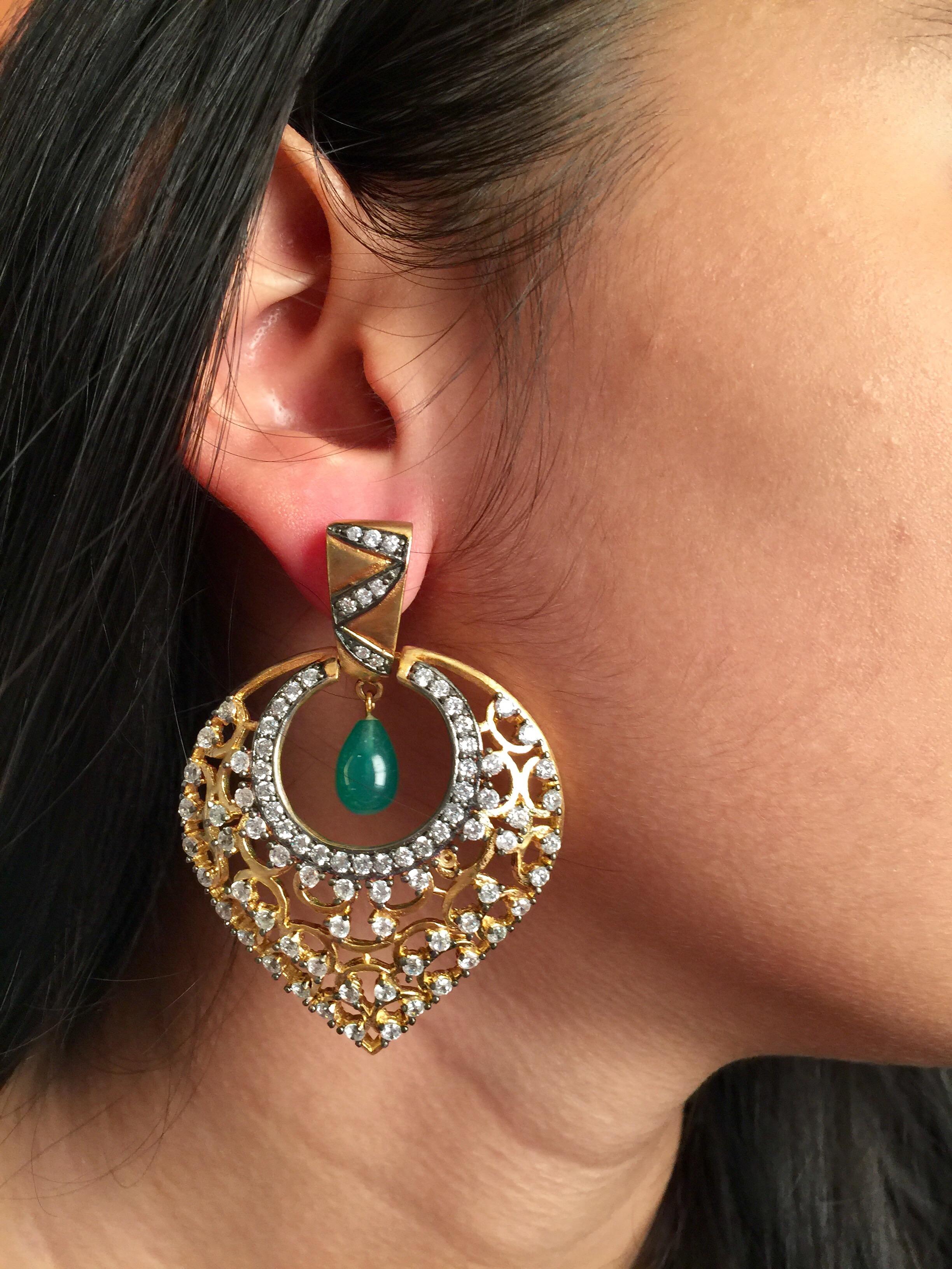 MEGHNA JEWELS Leaf Filigree Cubic Zircon Faux Emerald Earrings  In New Condition In Hoffman Estates, IL