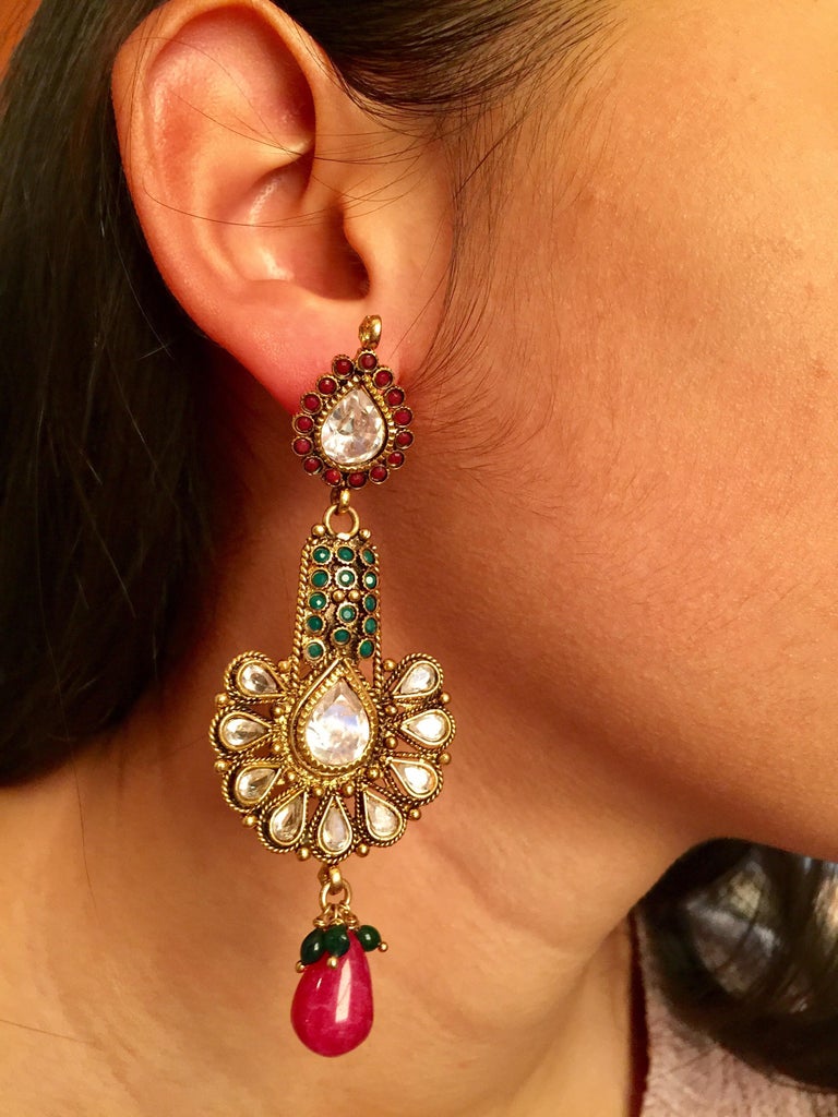 Meghna Jewels Antique Style Green and Faux Ruby Earrings For Sale at