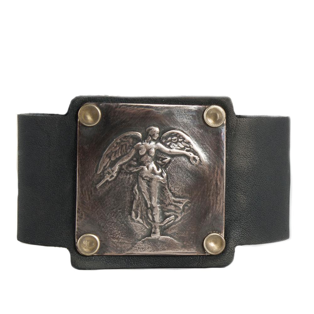 Winged Victory Angel Bronze and Leather Cuff Bracelet For Sale