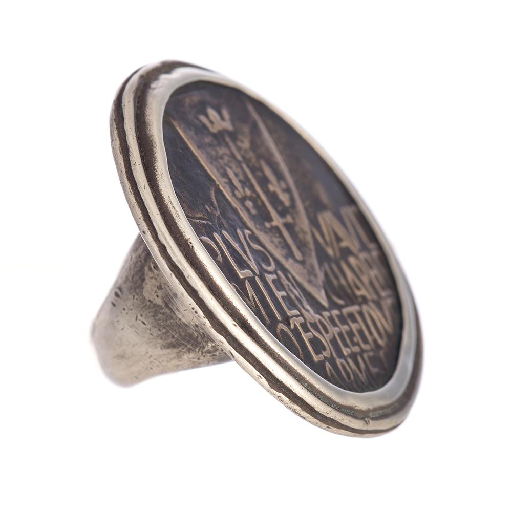 Joan of Arc statement coin ring by Shannon Koszyk.  Sterling & bronze, French Joan of Arc coin, features a protection prayer Joan of Arc wrote.   My beliefs are stronger than any army