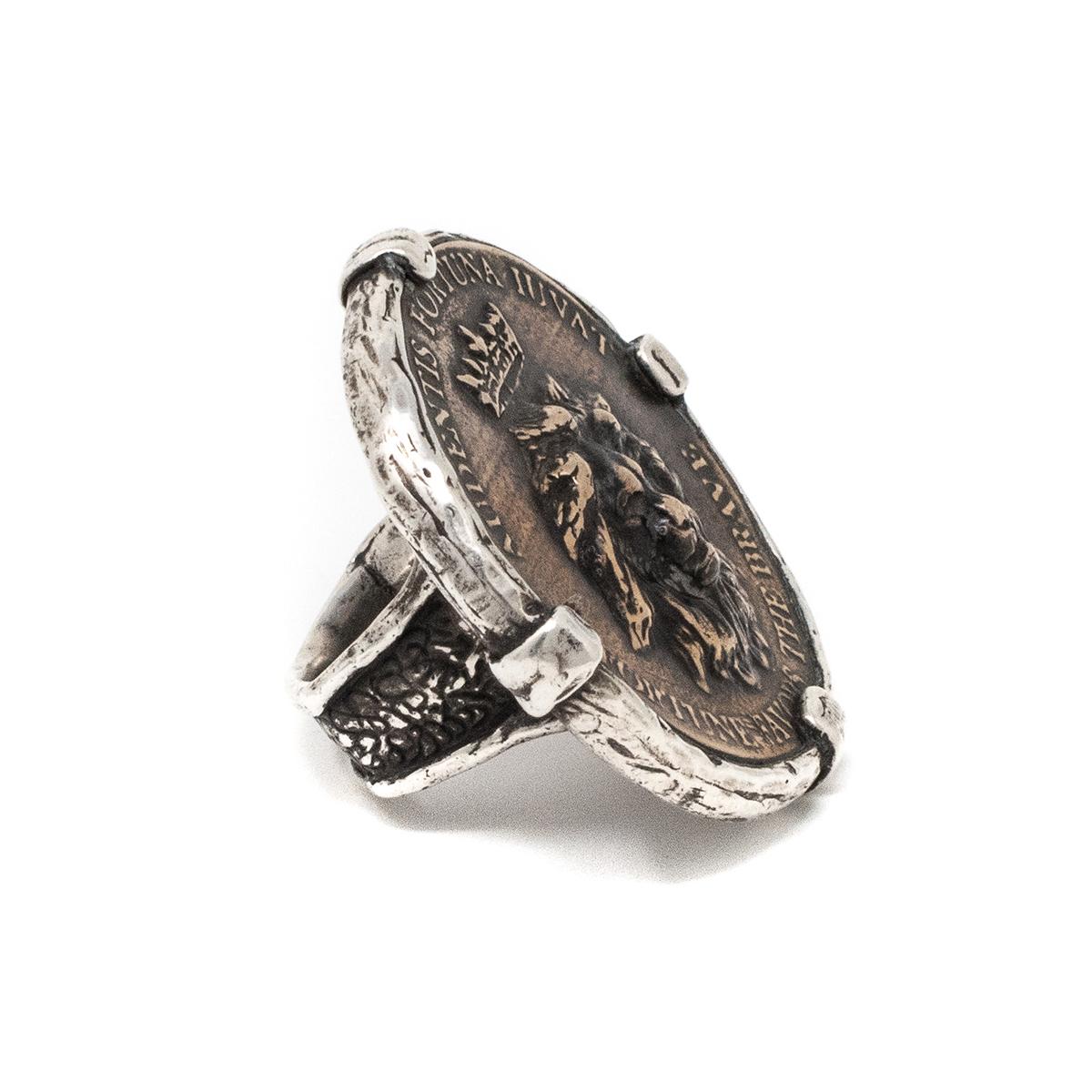 King Lion Statement Coin ring by Shannon Koszyk.  Audentis Foruna Iuvat, Fortune Favors the Brave in Latin.  Sterling wrapped bronze coin ring measures 1.5
