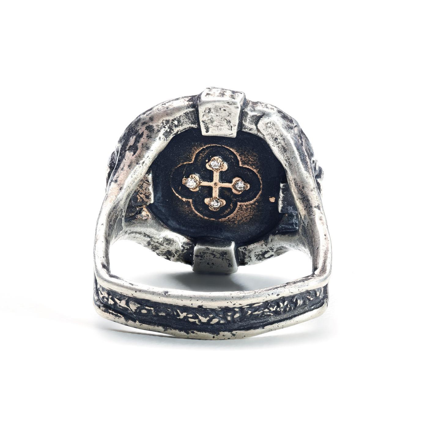 - Diamonds
- Audaces Fortuna Invat
- Fortune Favors the Bold
- cross coin ring
- ring that measures 1.5