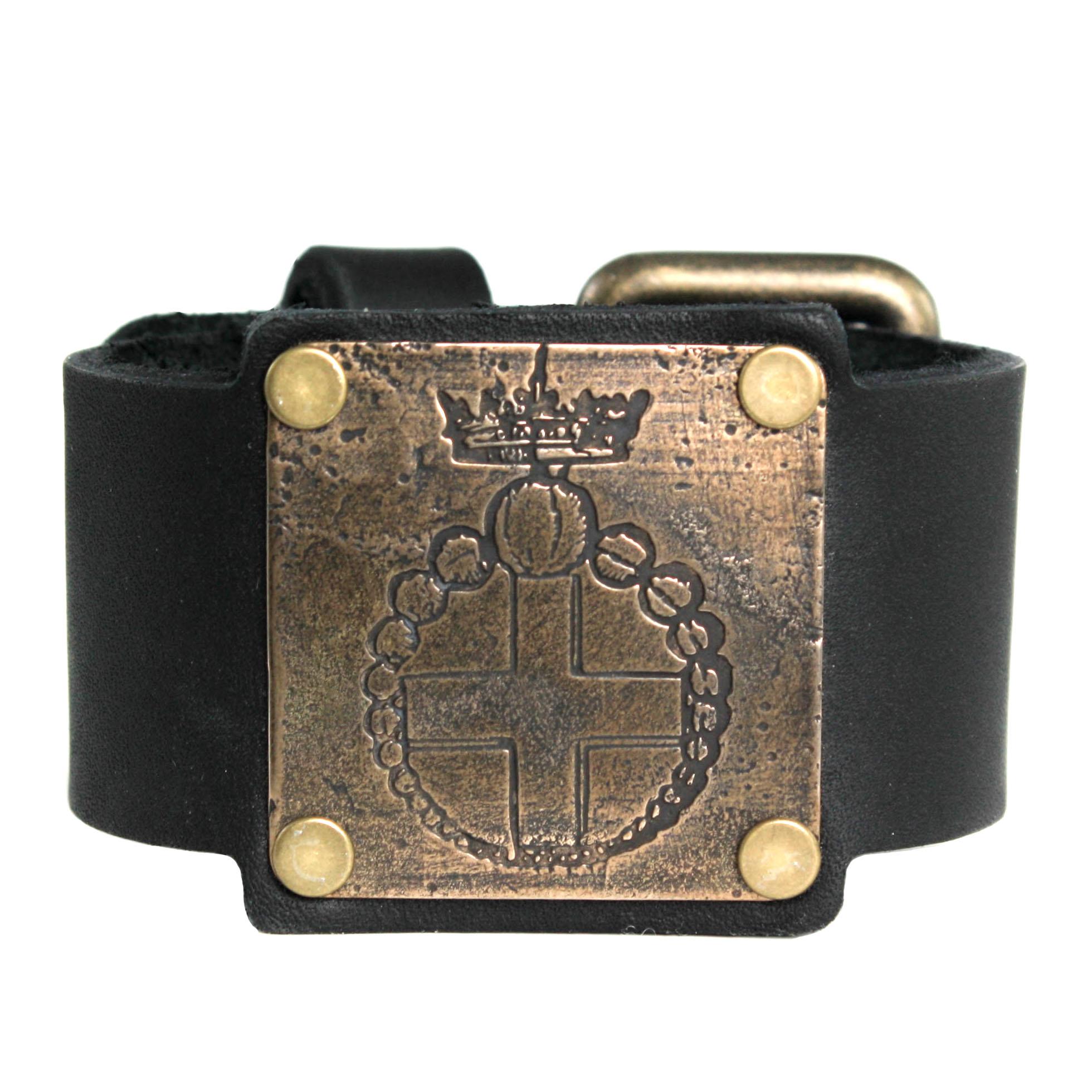 Crowned Cross Bronze and Leather Statement Cuff Bracelet For Sale