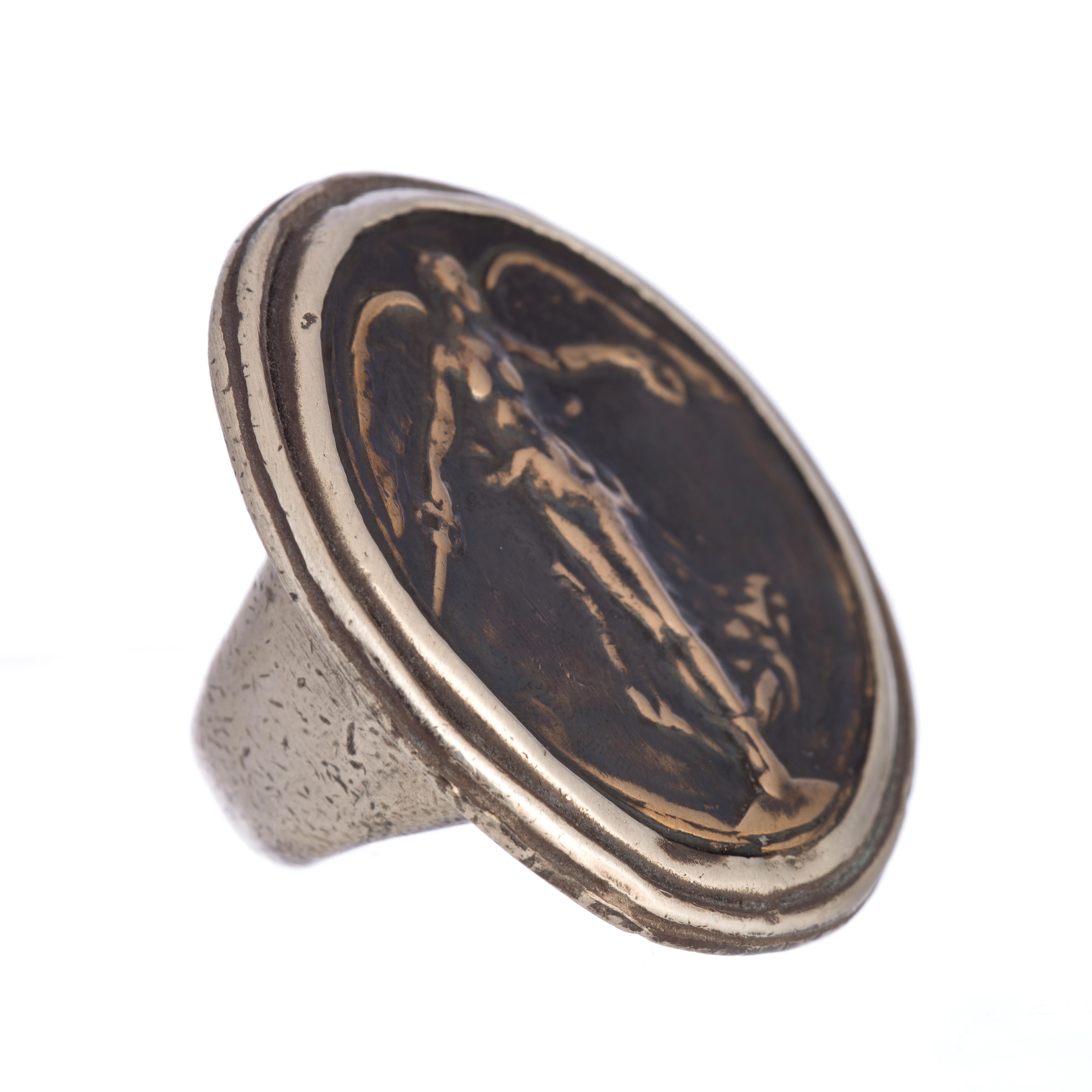 Victory Angel Coin ring by Shannon Koszyk.  Sterling & bronze coin ring, WW1 Victory Angel coin commissioned by Belgium after WW1.  1 3/4