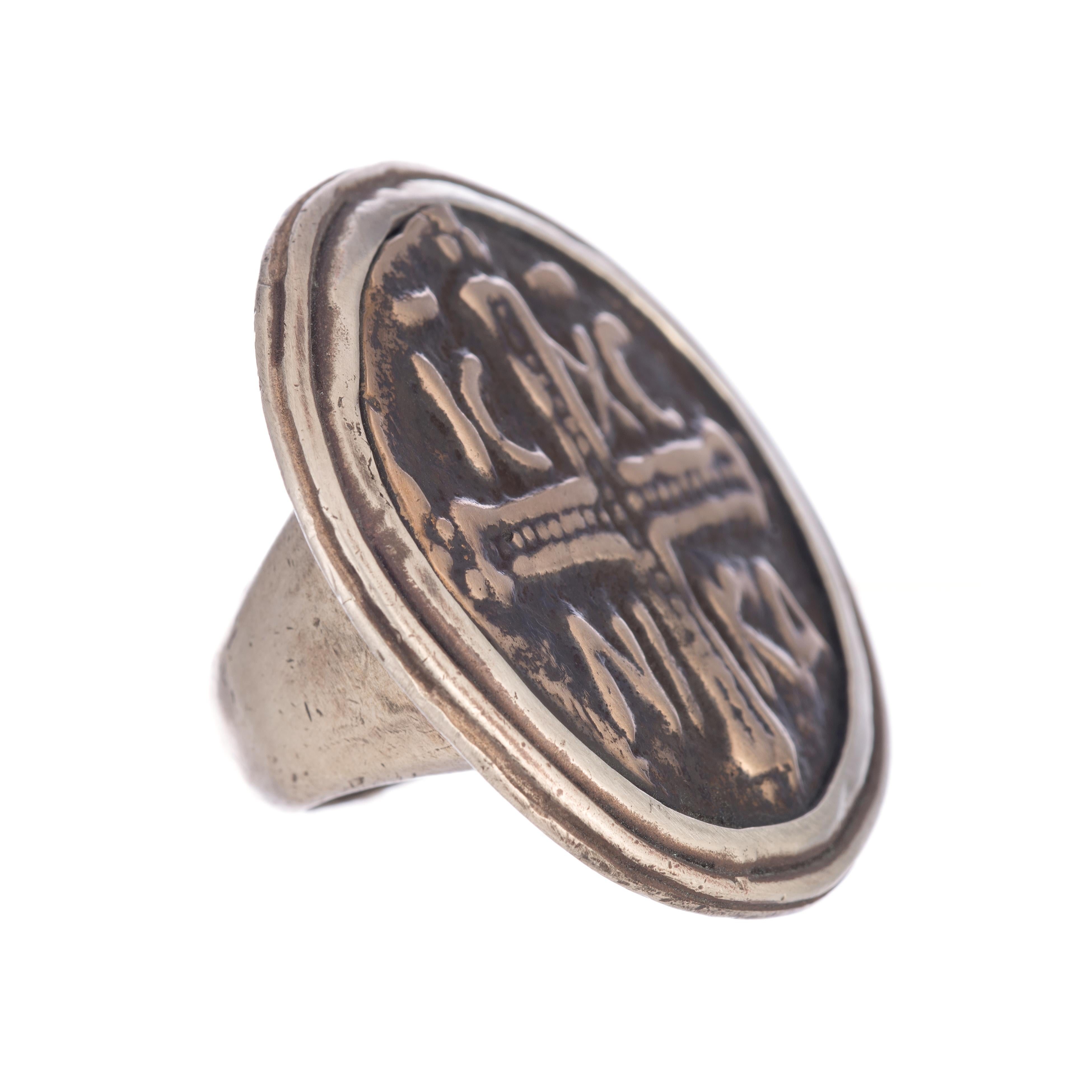 In the Name of the Father Coin ring by Shannon Koszyk.  Sterling wrapped bronze cross coin.  in the name of the father coin measures 1 3/4