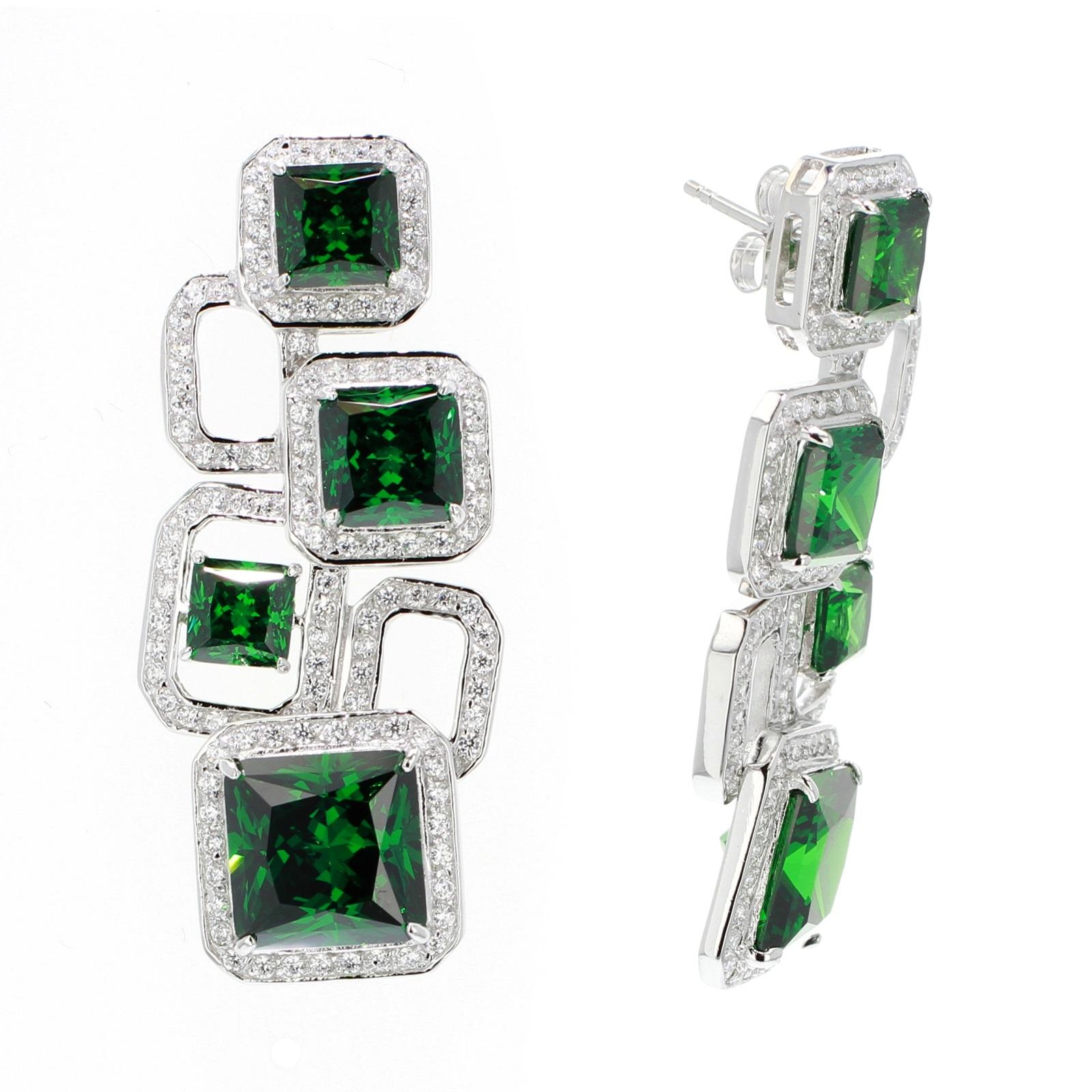 Siledium Silver White and Emerald Color Earrings by Feri For Sale