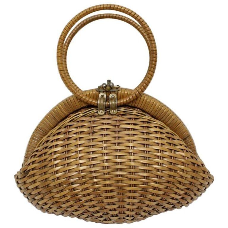 Basket Vintage Rattan Handle Handbag 1950s Italy