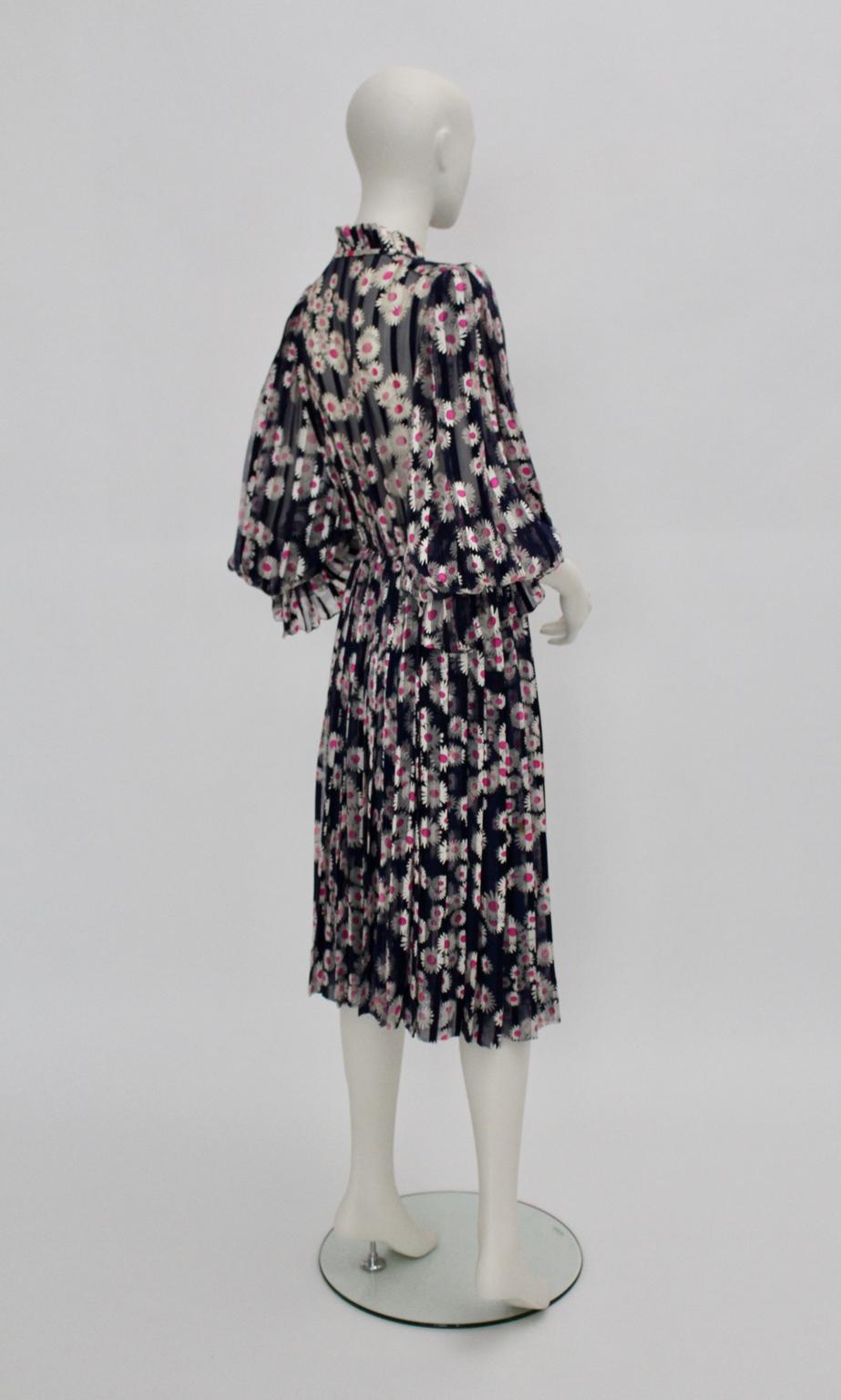 Women's Blue Pleated Vintage Silk Day Dress with pink flowers 1980s