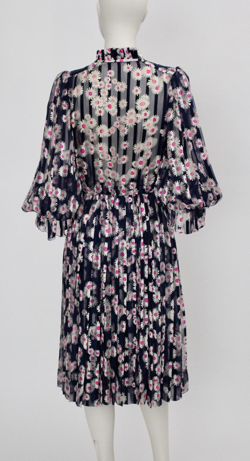 Blue Pleated Vintage Silk Day Dress with pink flowers 1980s 1