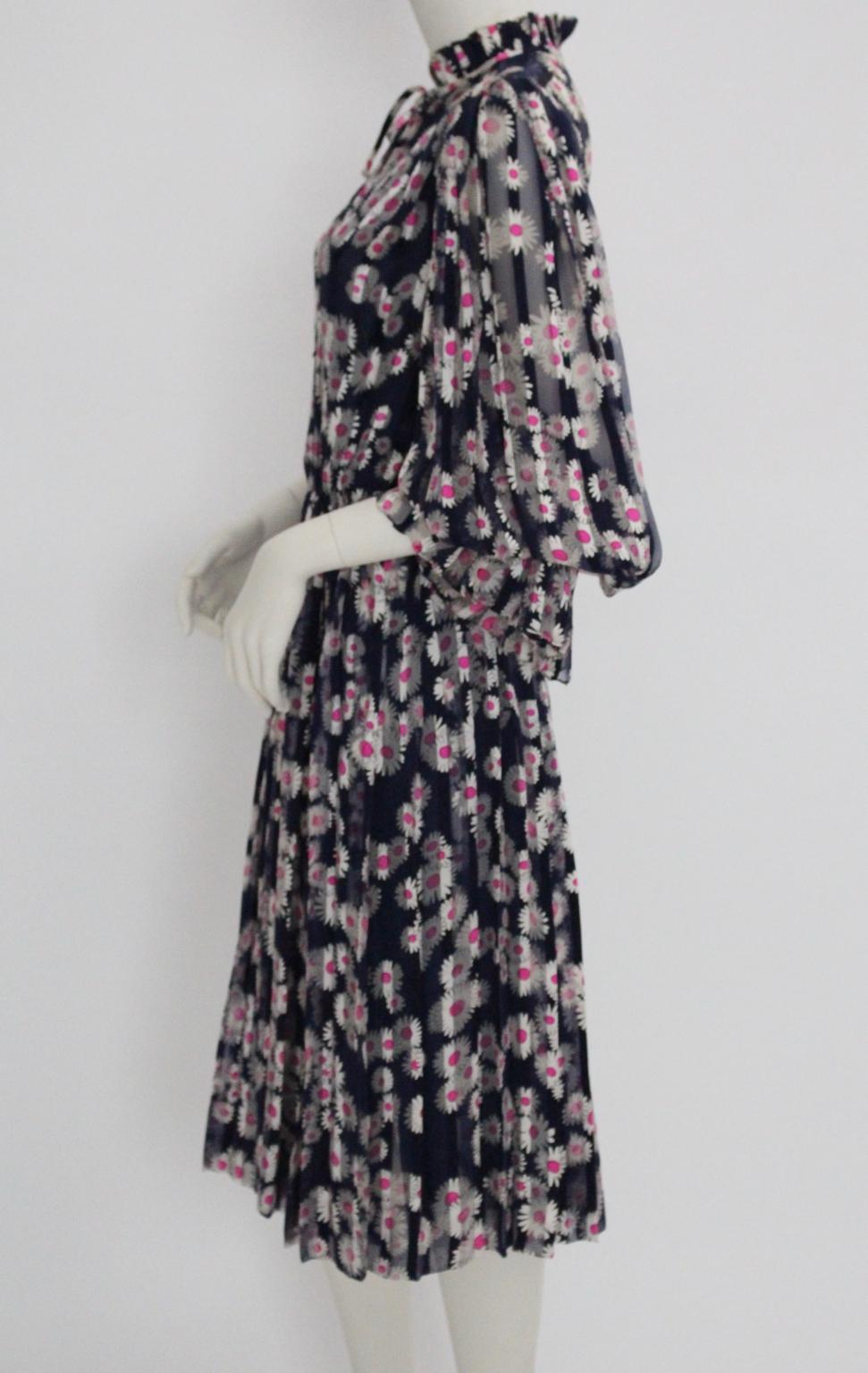 Blue Pleated Vintage Silk Day Dress with pink flowers 1980s 3