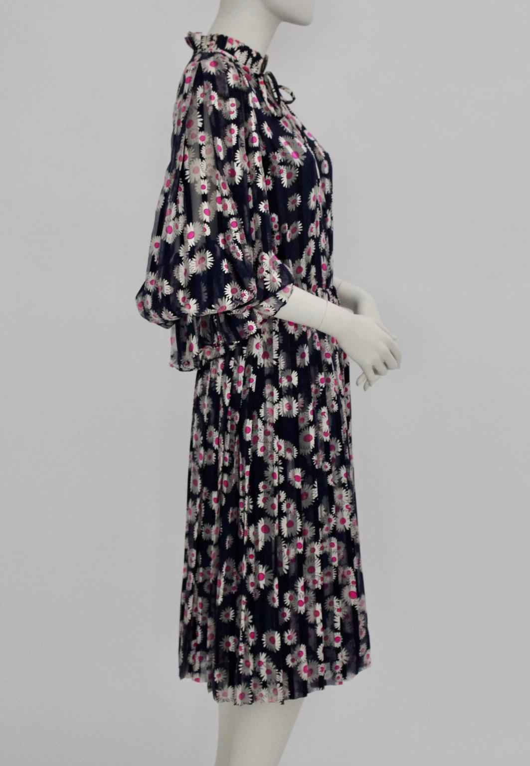 Blue Pleated Vintage Silk Day Dress with pink flowers 1980s 4